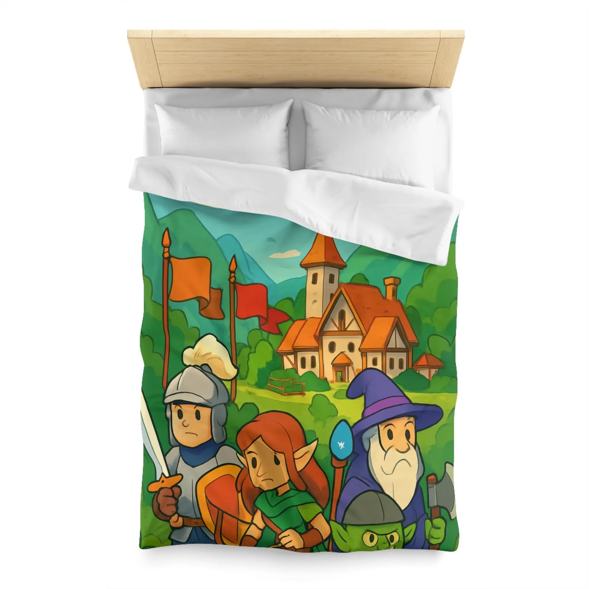 Housse de couette aventure médiévale avec dragons, chevalier, elfe, sorcier et troll