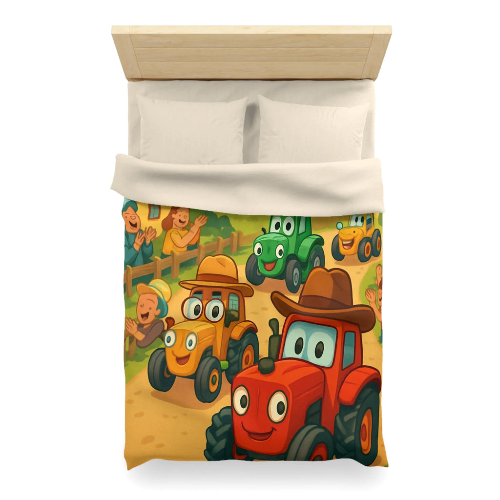 Housse de Couette Enfants Motif Tracteurs Souriants Champs Paysans Ensoleillés et Amusants
