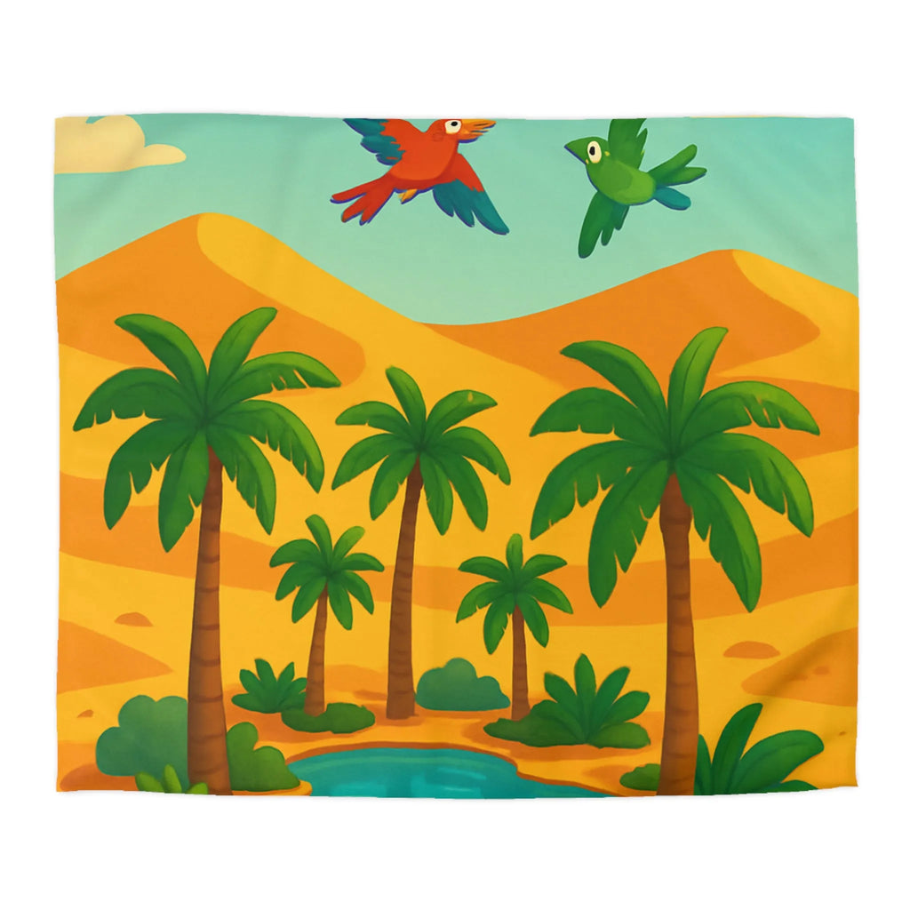 Housse de couette exotique avec palmiers, oiseaux colorés et oasis dans le désert