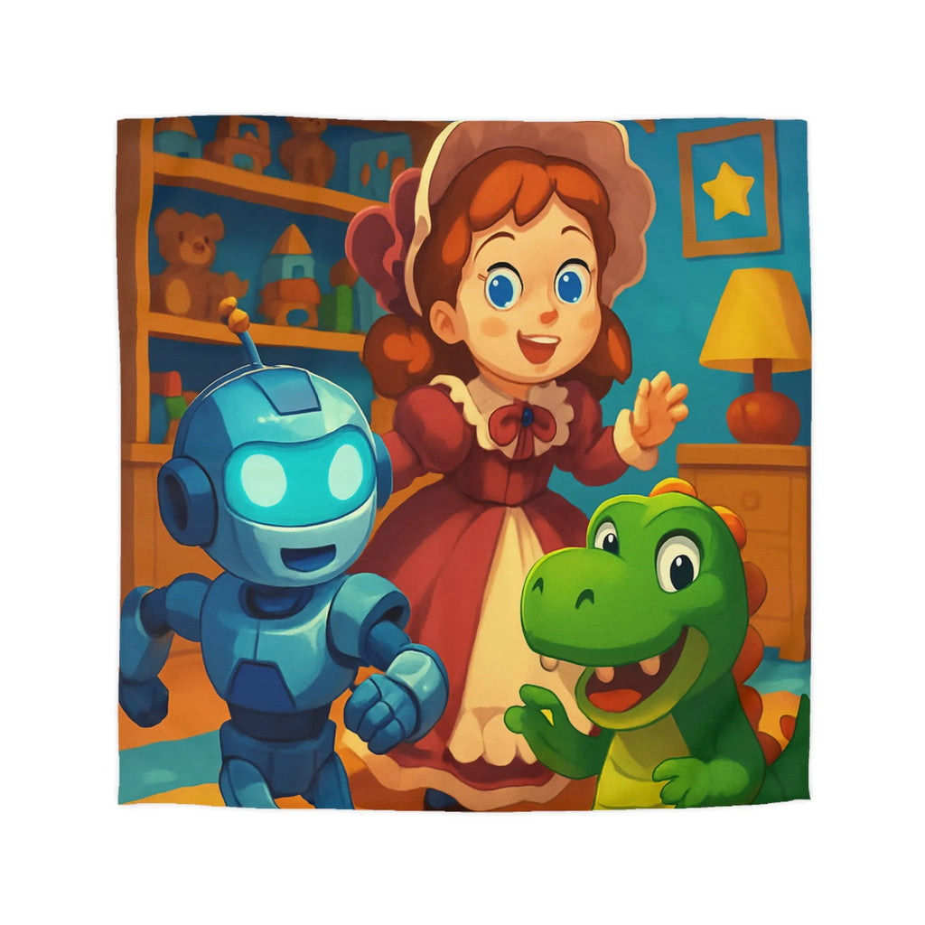 Housse de couette colorée avec robot, dinosaure et poupée en chambre enfantine