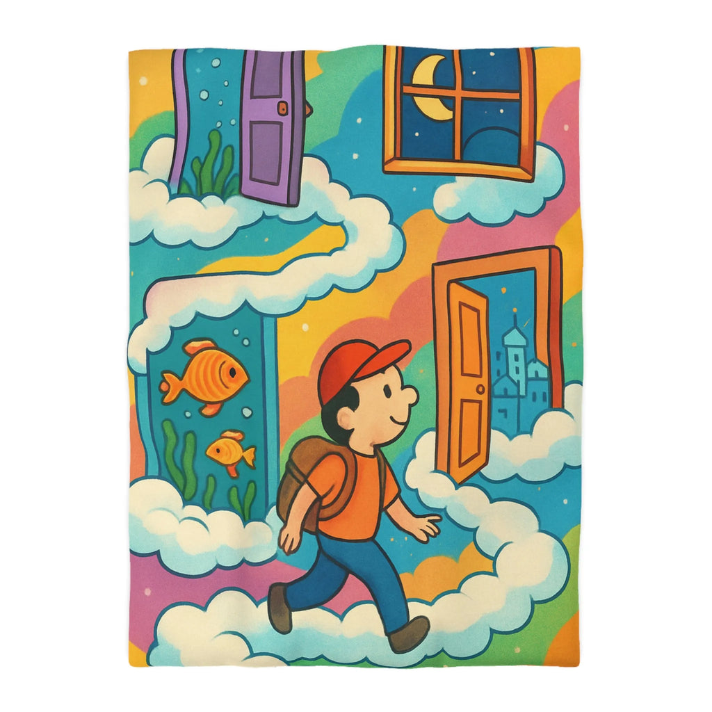 Housse de couette colorée avec portes magiques, nuages et aventure pour enfants rêveurs