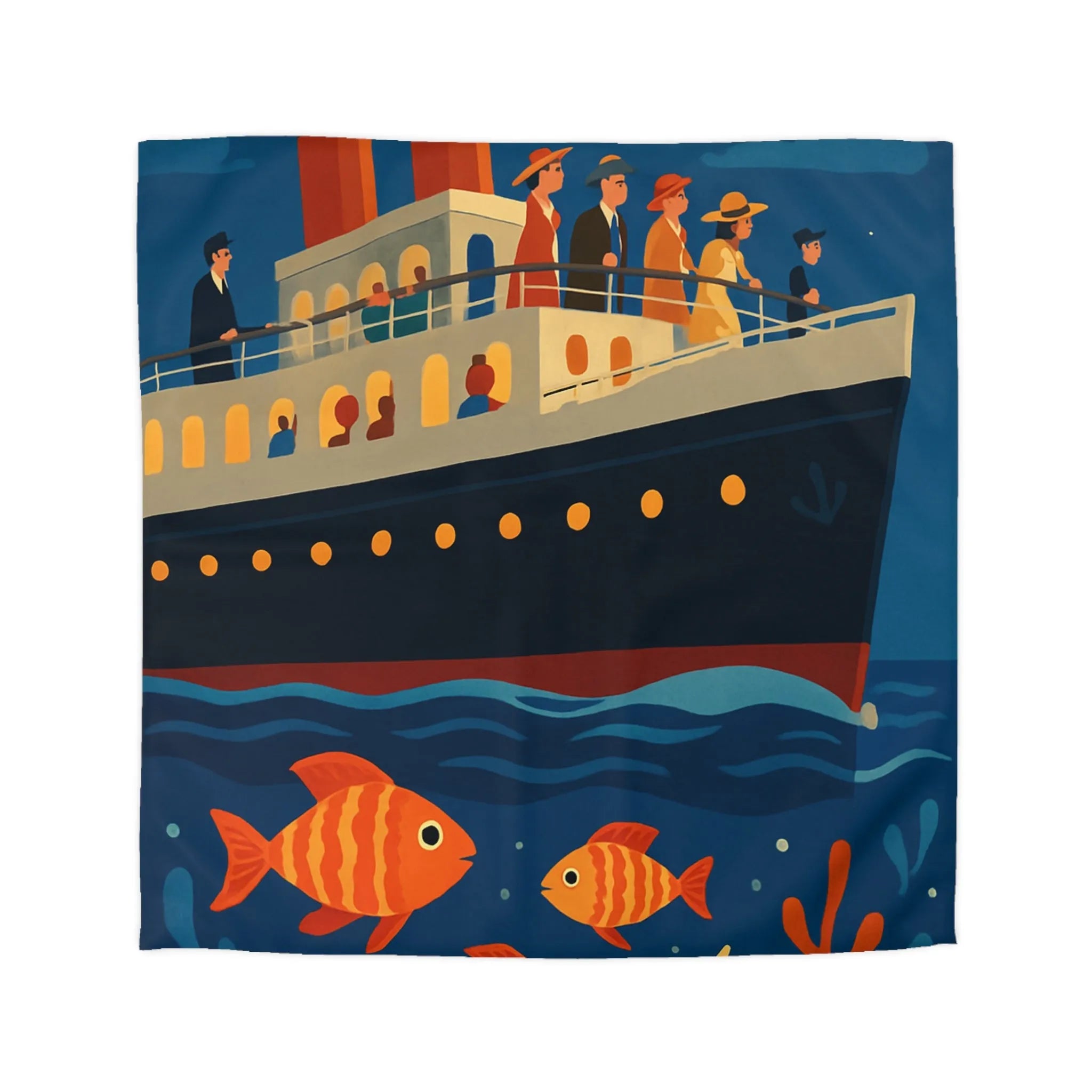 Housse de couette bateau rétro, poissons colorés, ambiance marine, nuit étoilée