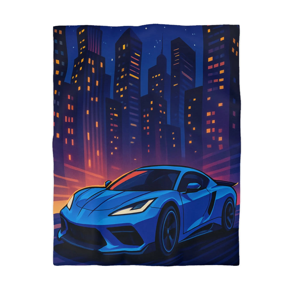 Housse de couette avec voiture bleue moderne et paysage urbain éclairé la nuit