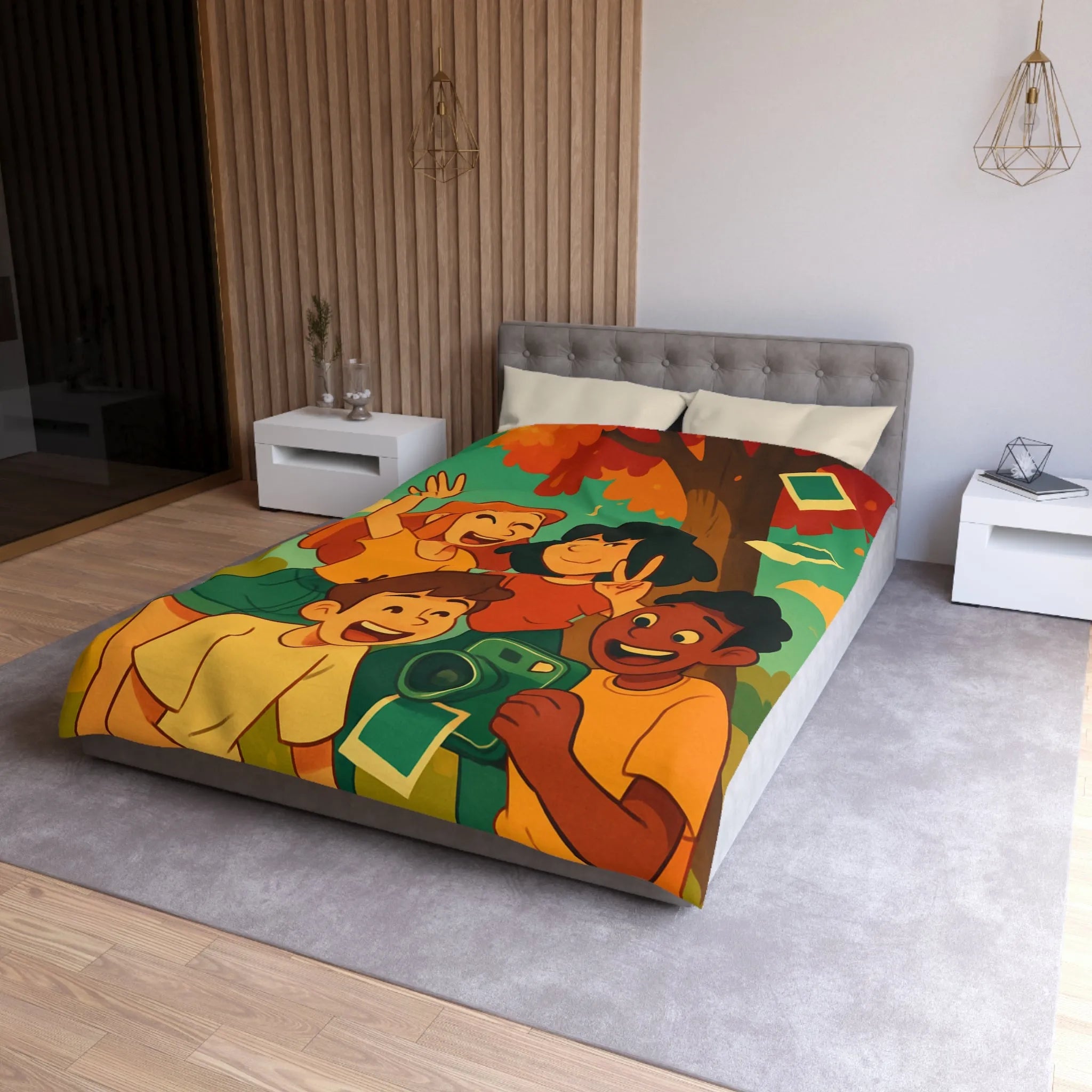 Housse de Couette Enfants Arborant Motif Nature et Joie Automnale Avec Polaroids