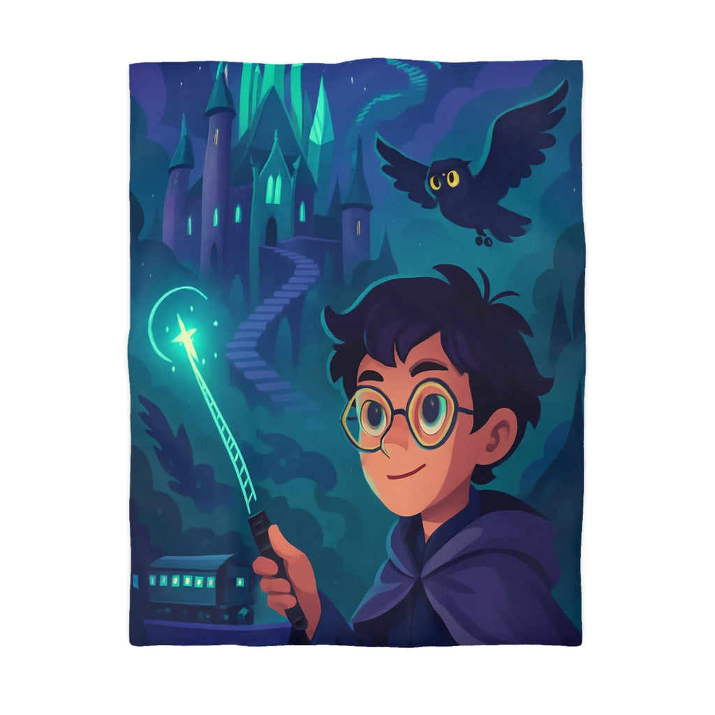 Housse de Couette Magique avec Enfant, Baguette Lumineuse et Chouette en Nuit Mystique