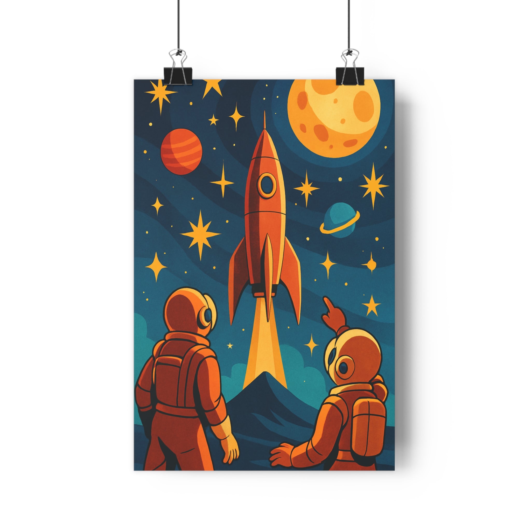 Poster décoratif art déco jaune orange bleu aventure espace chambre salon rêve original unique