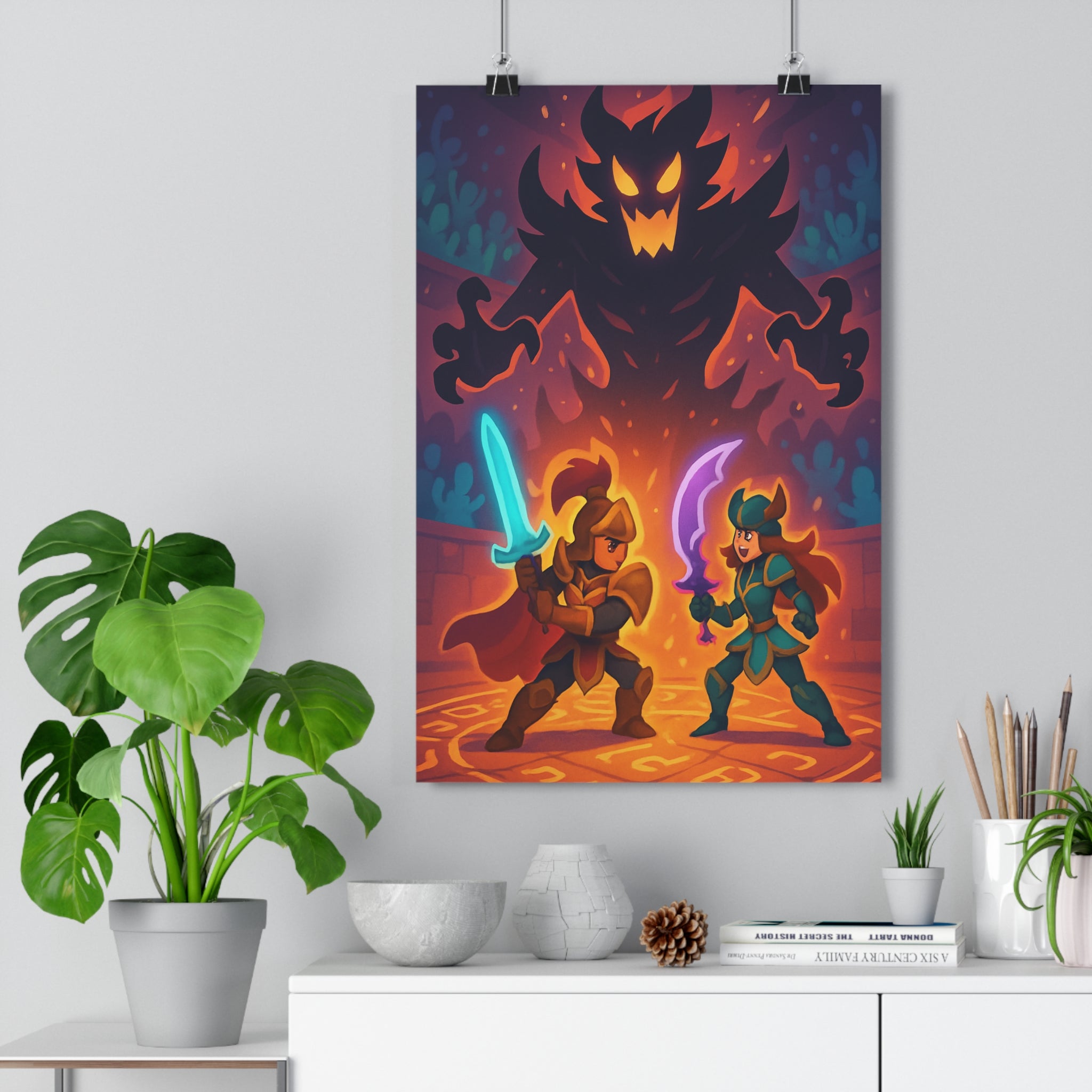 Poster décoratif épique bleu violet mystique héros chambre enfant aventure épée armure époustouflant 30x46