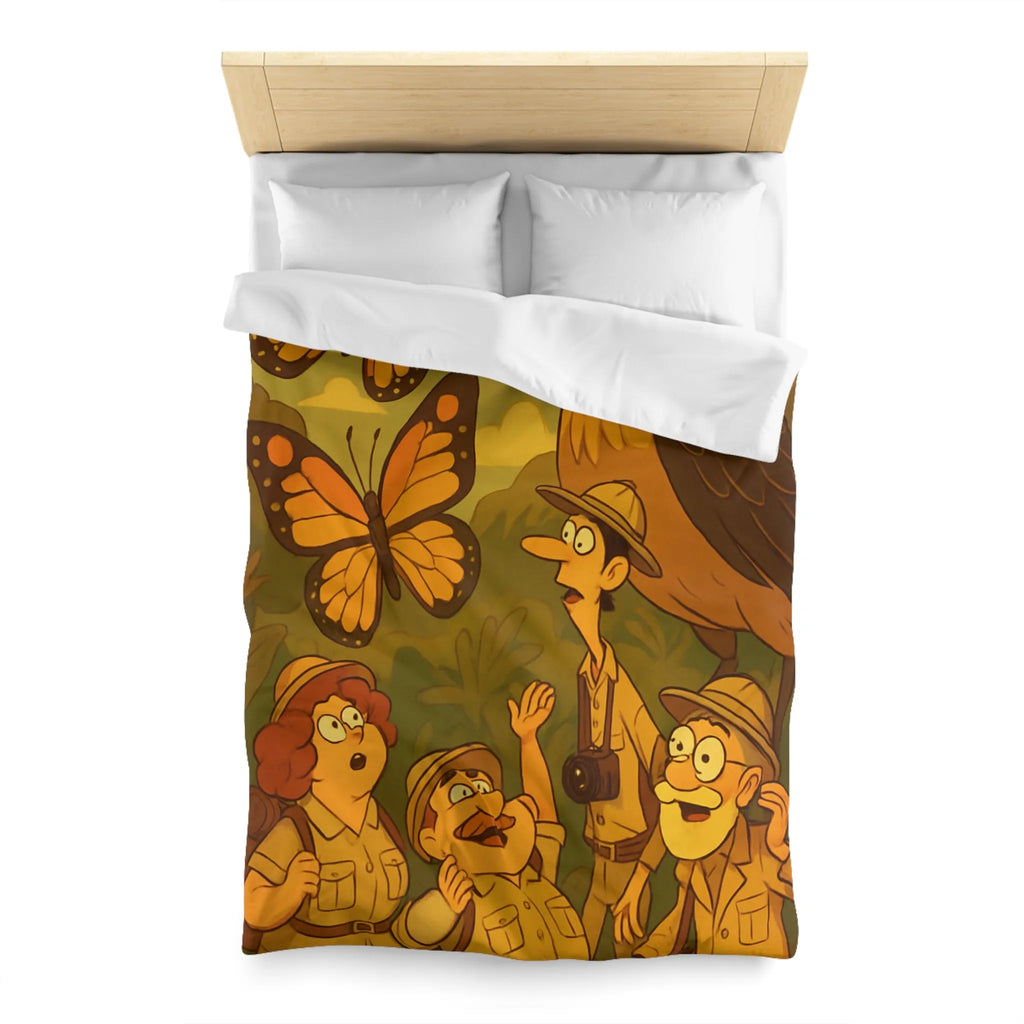 Housse de couette avec scène aventure jungle, explorateurs et faune tropicale colorée