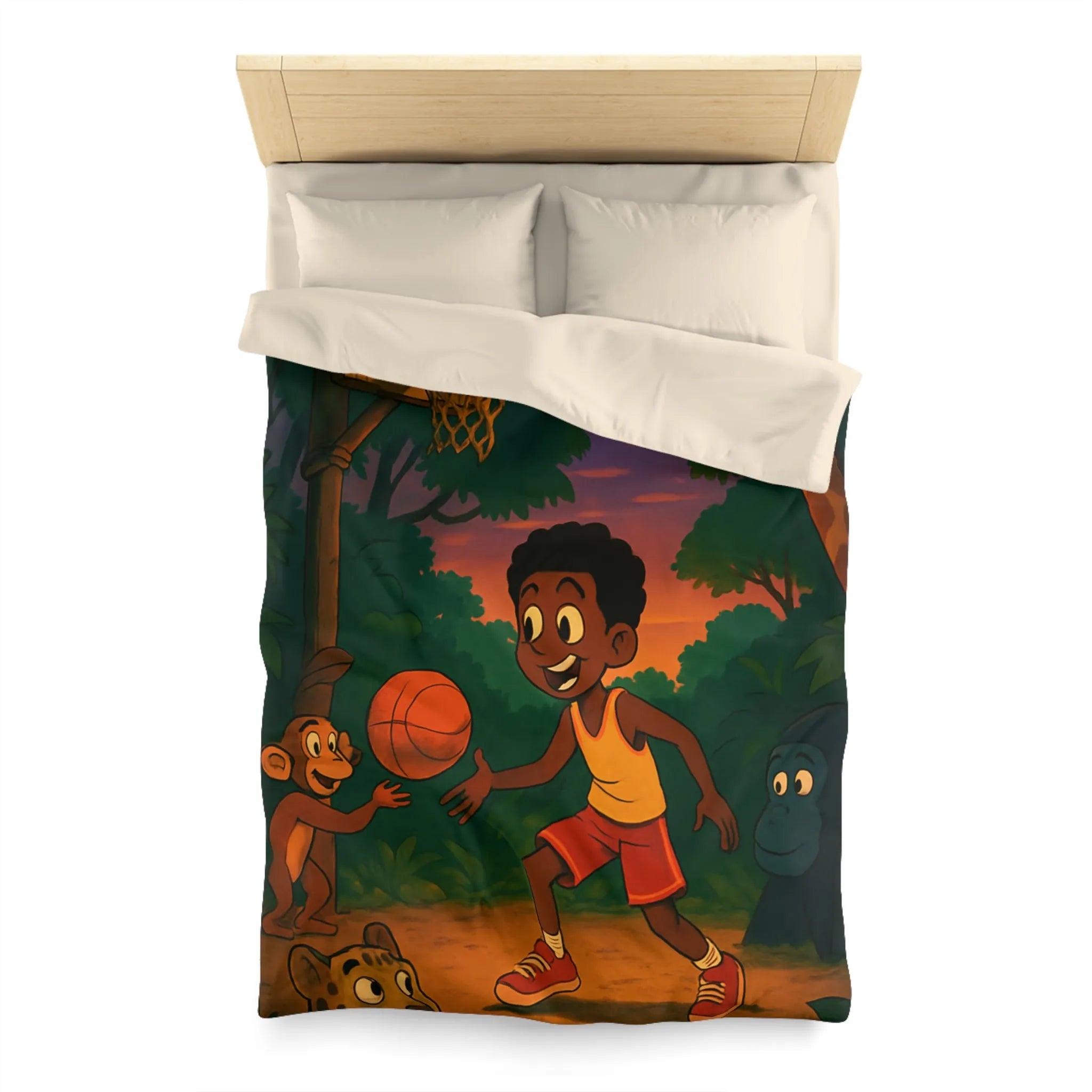 Housse de couette enfant jungle colorée avec garçon jouant au basket et animaux amusants