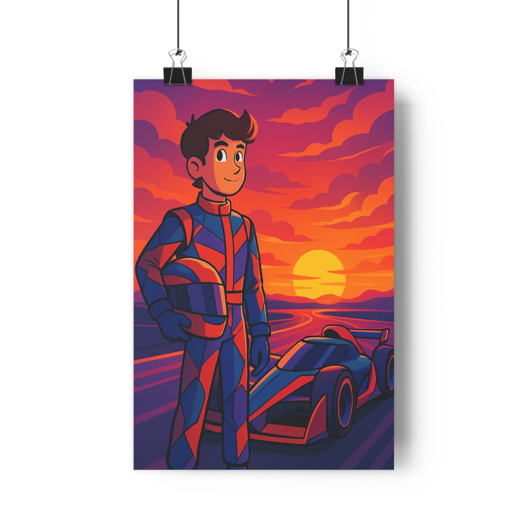 Poster décoratif pilote course dessin animé rouge orange violet dynamique chambre enfant moderne unique