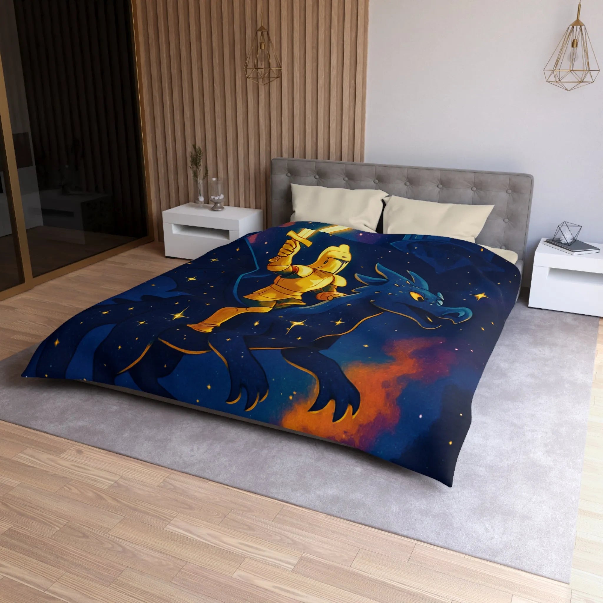 Housse de couette avec chevalier et dragon volant sous étoiles et château magique