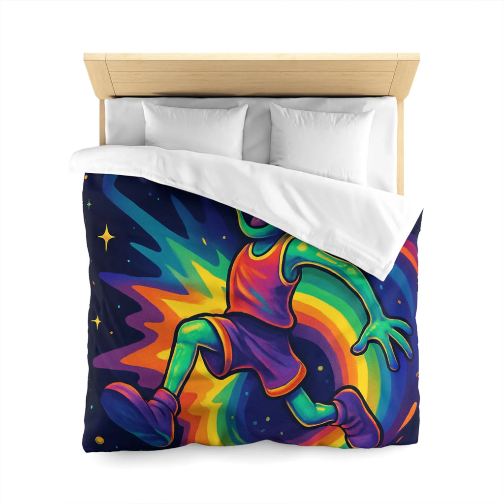 Housse de couette colorée avec alien jouant au basket dans l'espace intergalactique étoilé