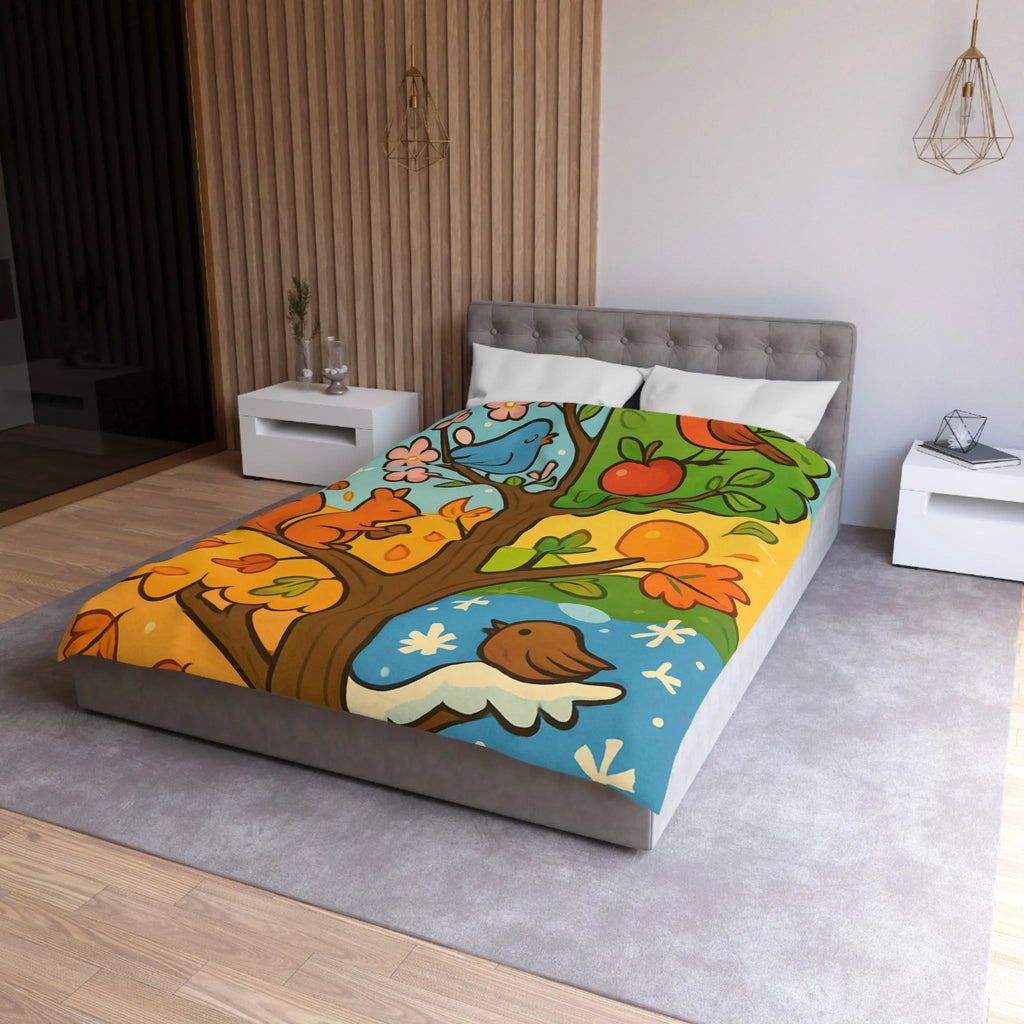 Housse de couette illustrée de l'arbre des quatre saisons avec nature et faune