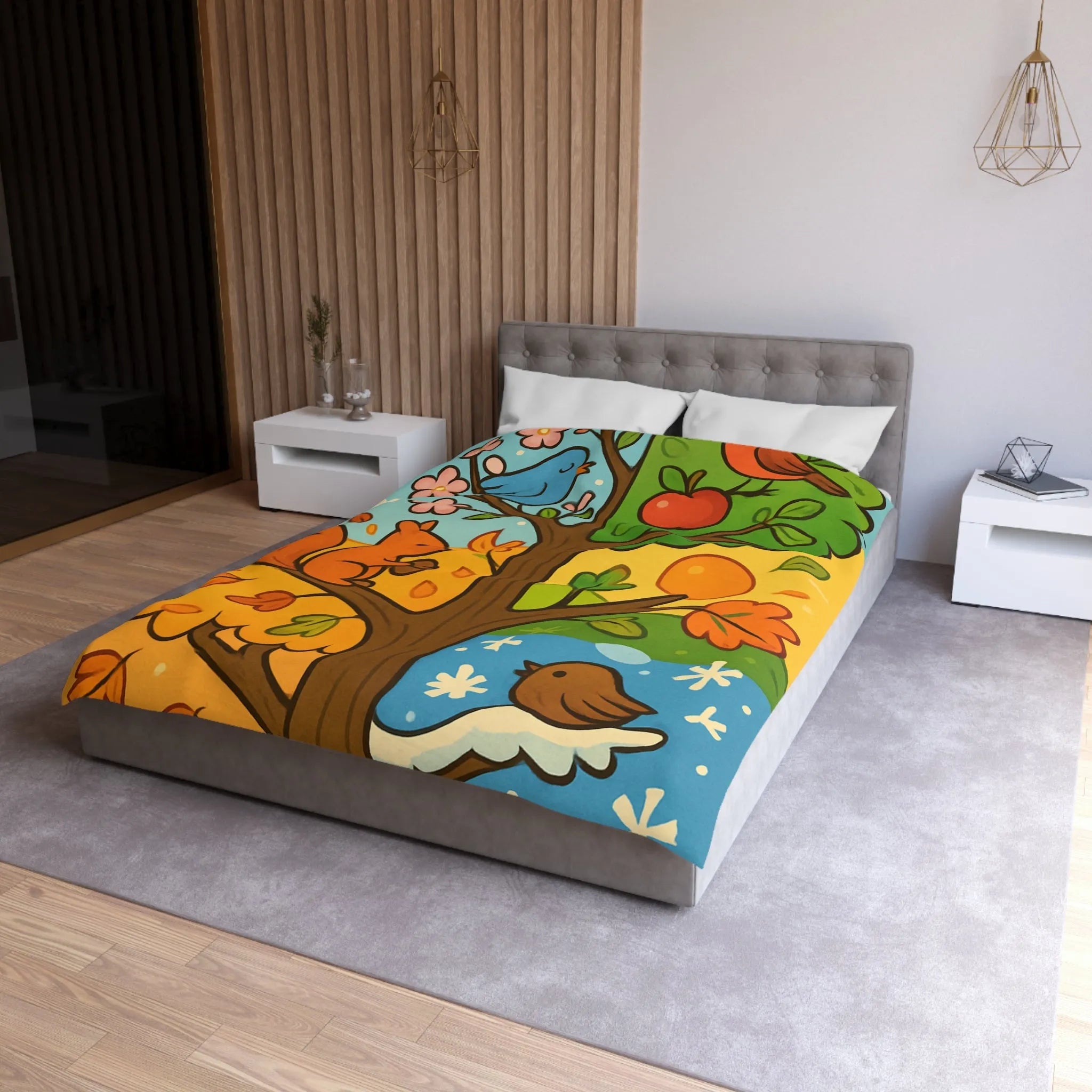 Housse de couette illustrée de l'arbre des quatre saisons avec nature et faune