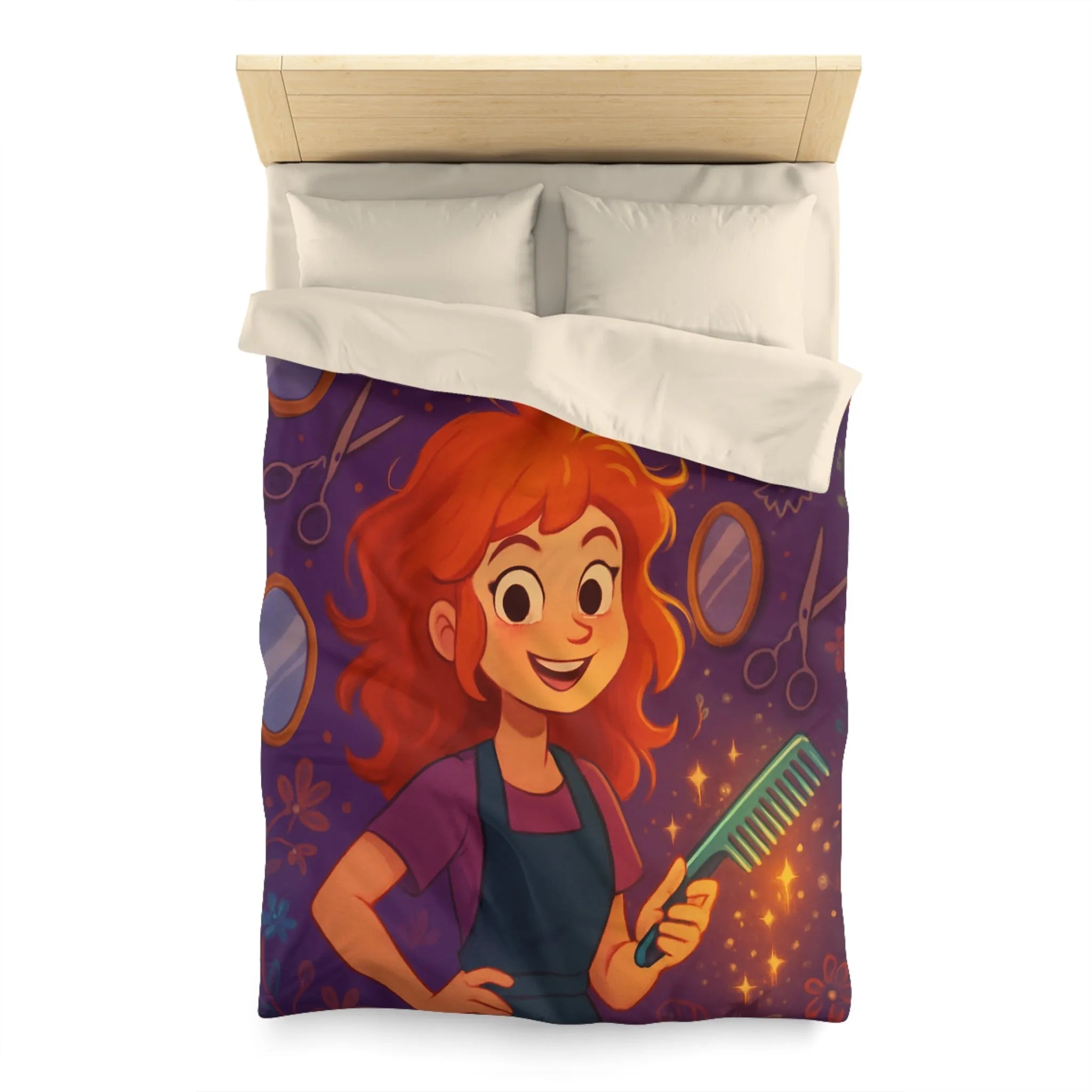 Housse de Couette Colorée avec Fille Rieuse et Ambiance Salon de Coiffure Magique