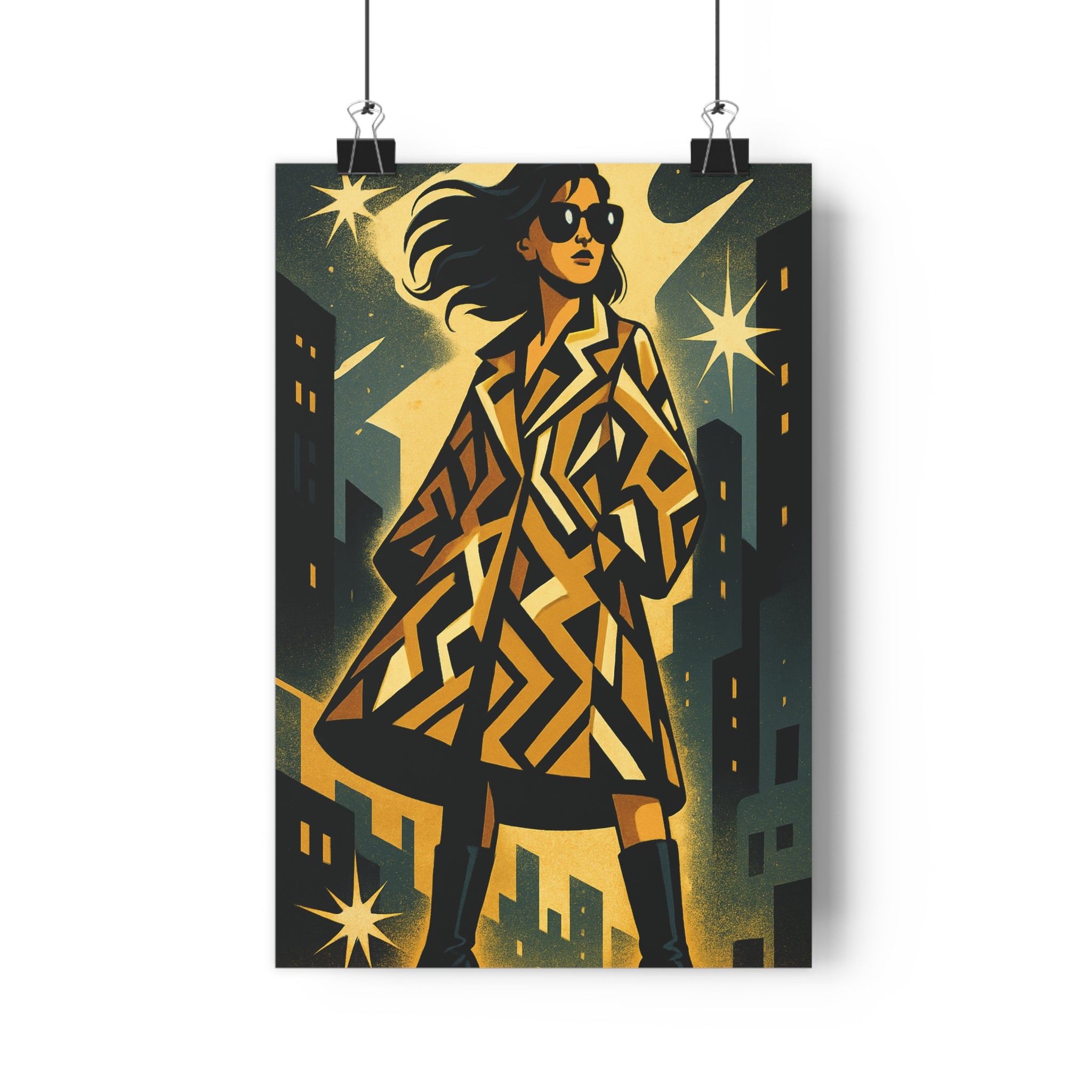 Poster décoratif moderne cartoon jaune noir salon bureau style mystique ambiance dynamique femme élégante