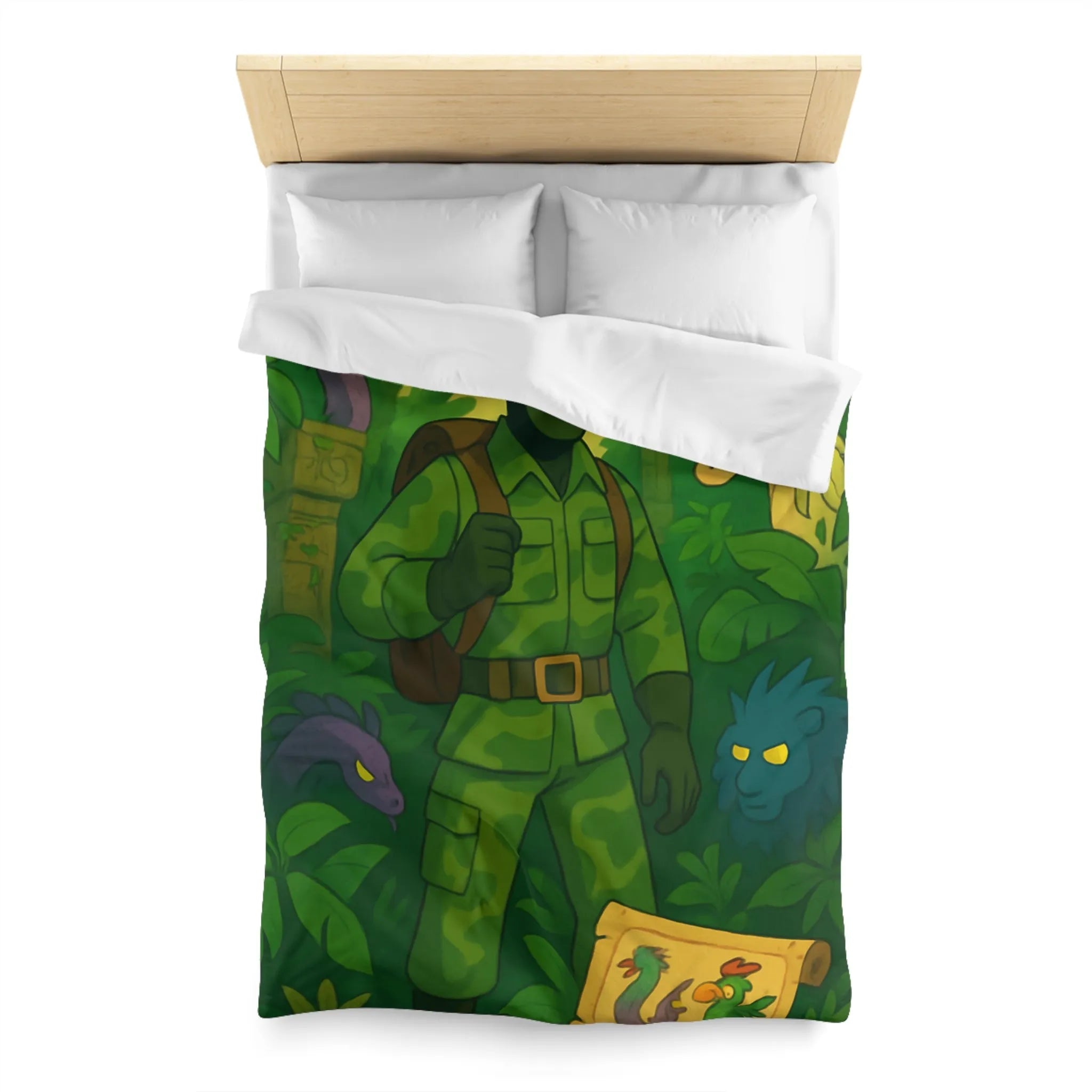 Housse de couette avec explorateur aventurier parmi créatures fantastiques et forêt luxuriante