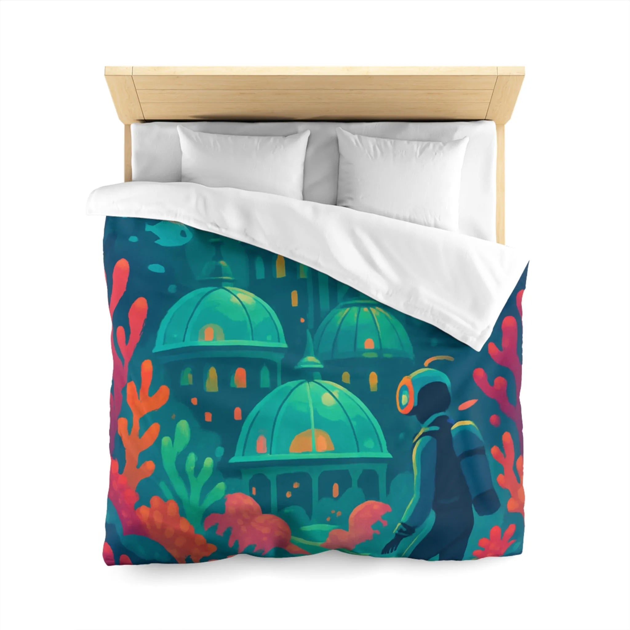 Housse de couette aux couleurs vibrantes inspirée d'une cité sous-marine avec poissons exotiques