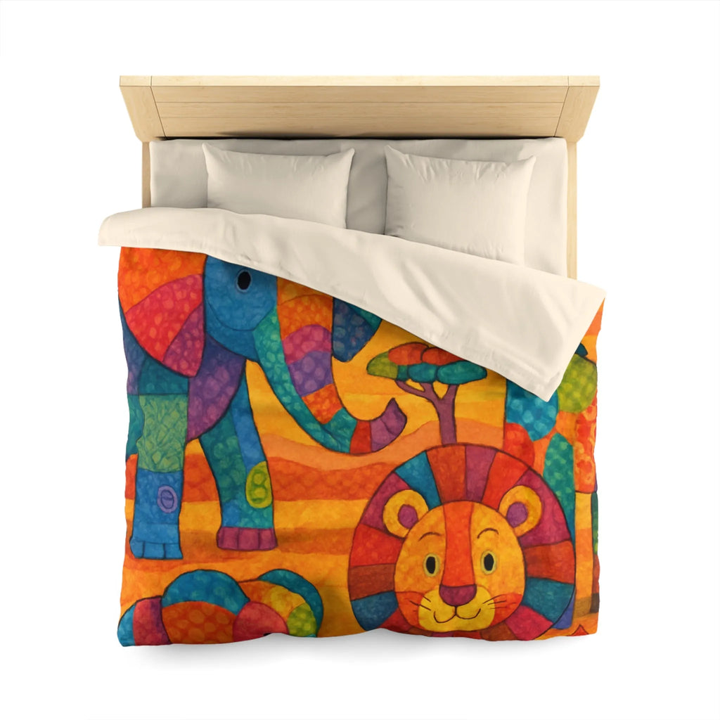 Housse de couette colorée avec éléphants, girafe et lion en style patchwork