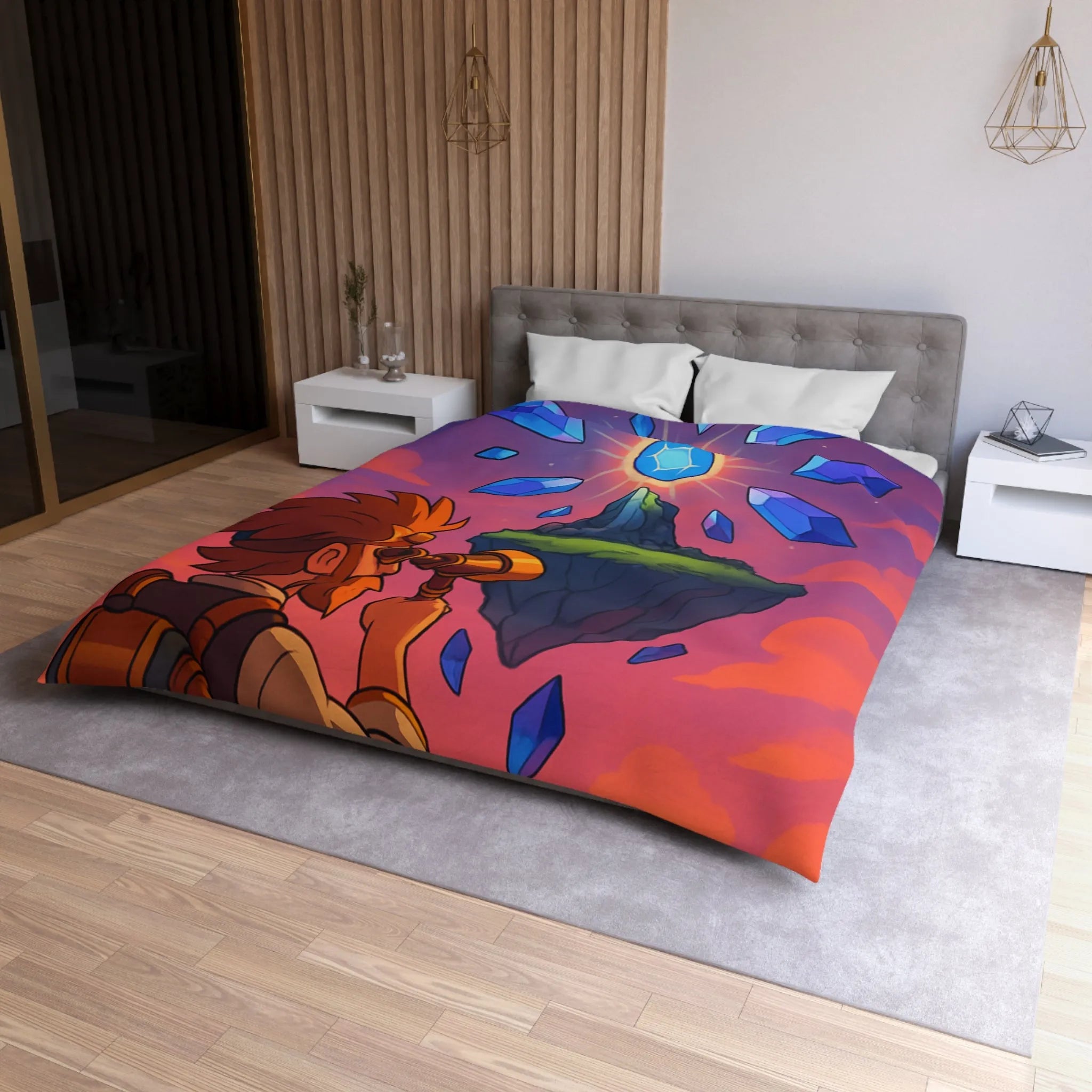 Housse de couette aventure fantastique avec cristaux flottants et scientifique explorateur