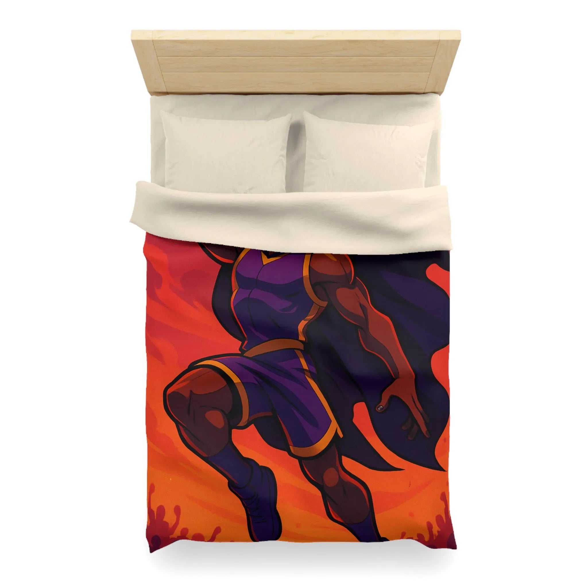 Housse de couette homme volant avec cape et ballon lumineux sur fond orange