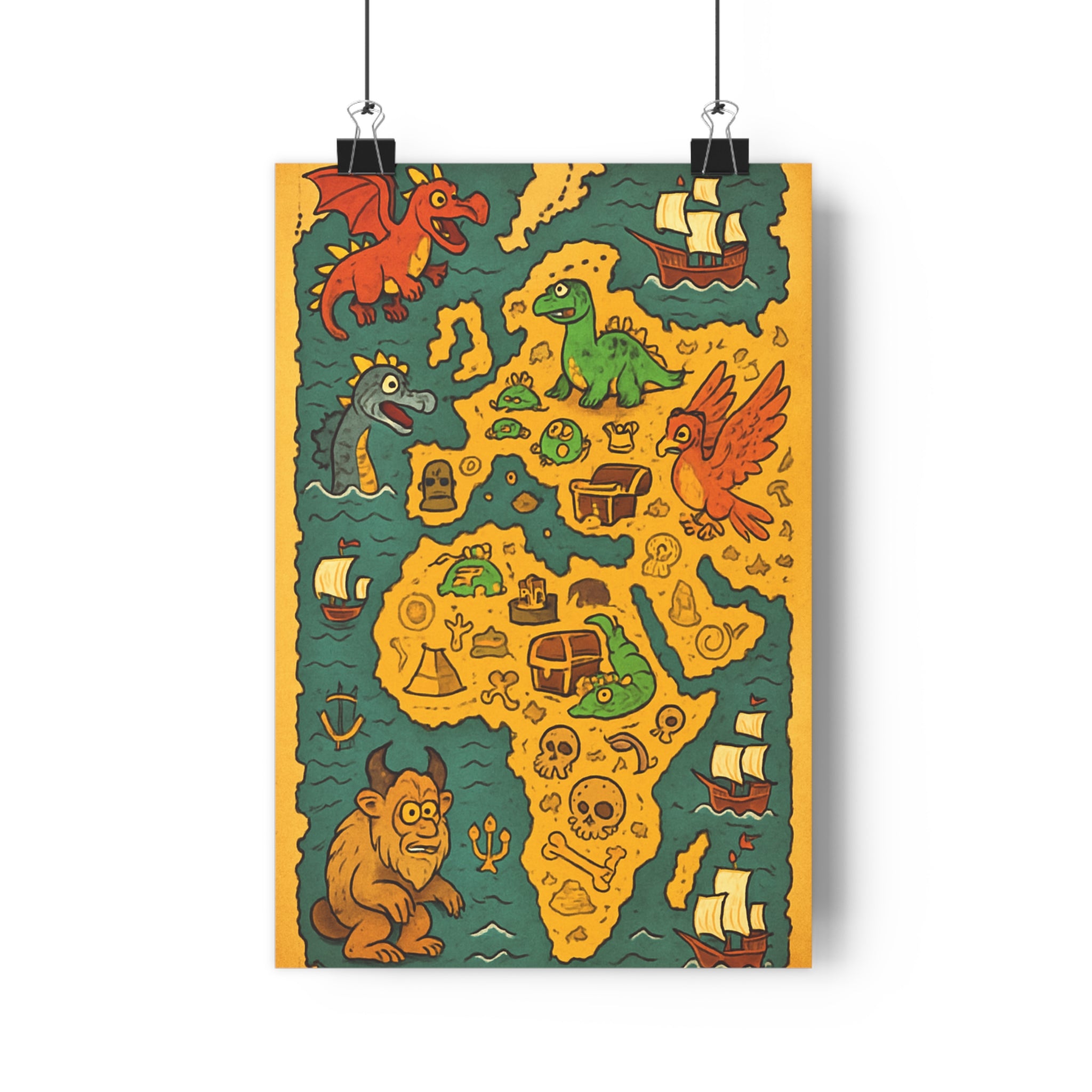 Poster décoratif carte monde cartoon mystique bleu vert rouge enfant chambre bureau créatures fantastiques