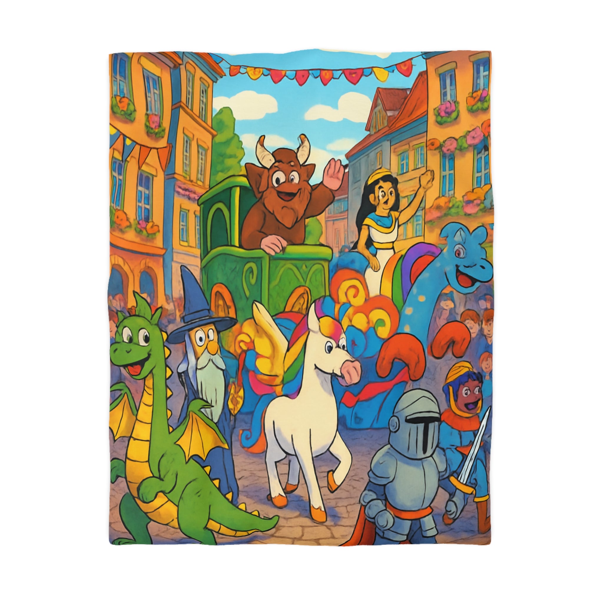 Housse de Couette Motif Parade Joyeuse avec Dragons Licornes et Chevaliers Enchantés
