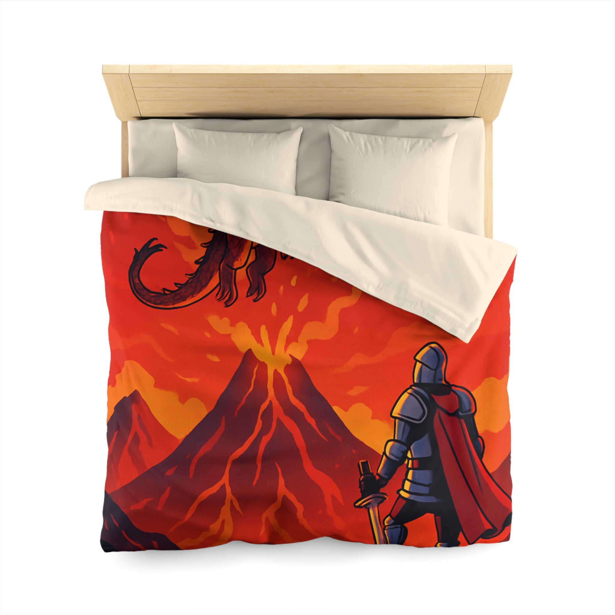 Imposant dragon rouge volant sur volcan en fusion, chevalier en armure contemplatif