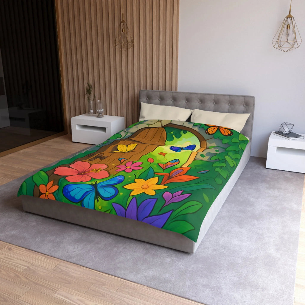 Housse de couette avec papillons colorés et fleurs devant porte de jardin enchanté