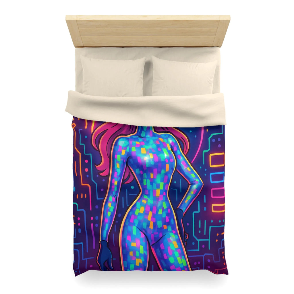 Housse de couette futuriste néon avec motif de femme cyborg colorée et lumineuse