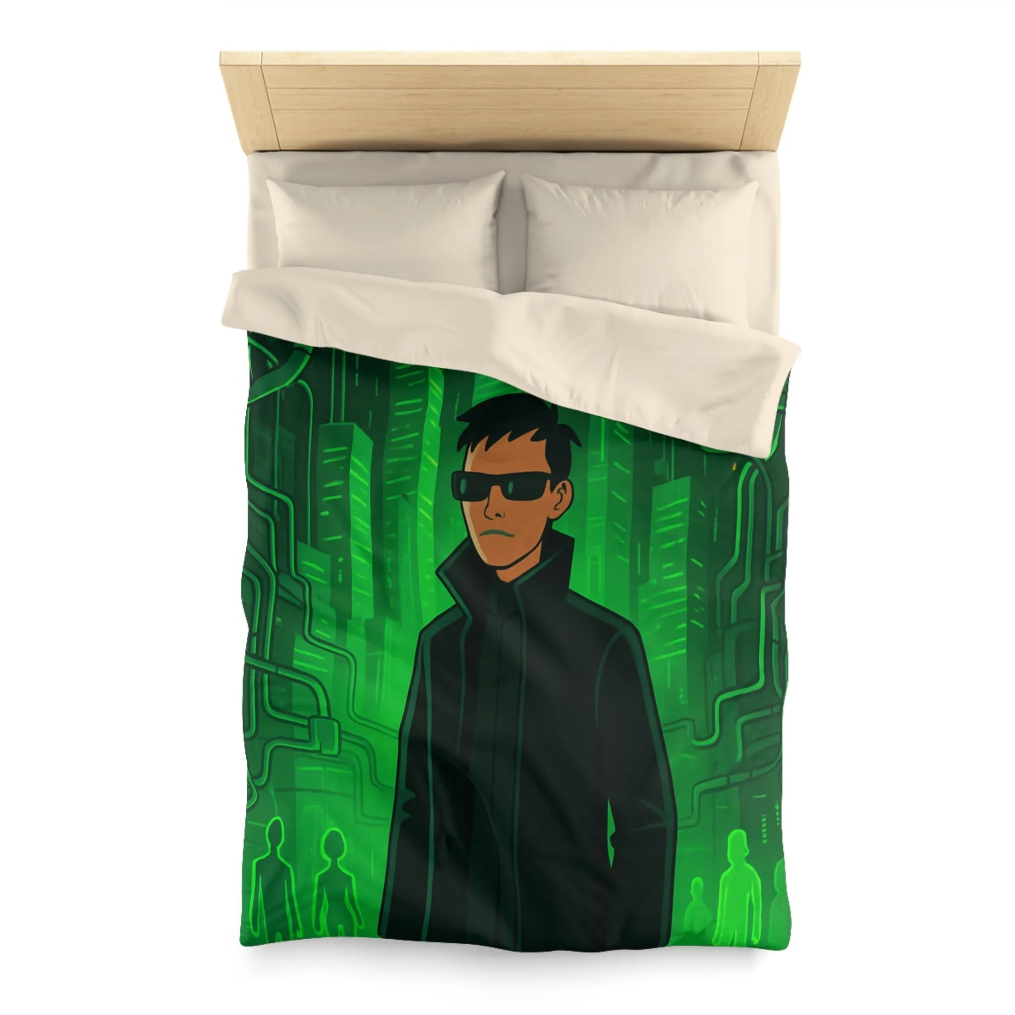 Housse de couette design futuriste vert avec motif personnage et ville numérique