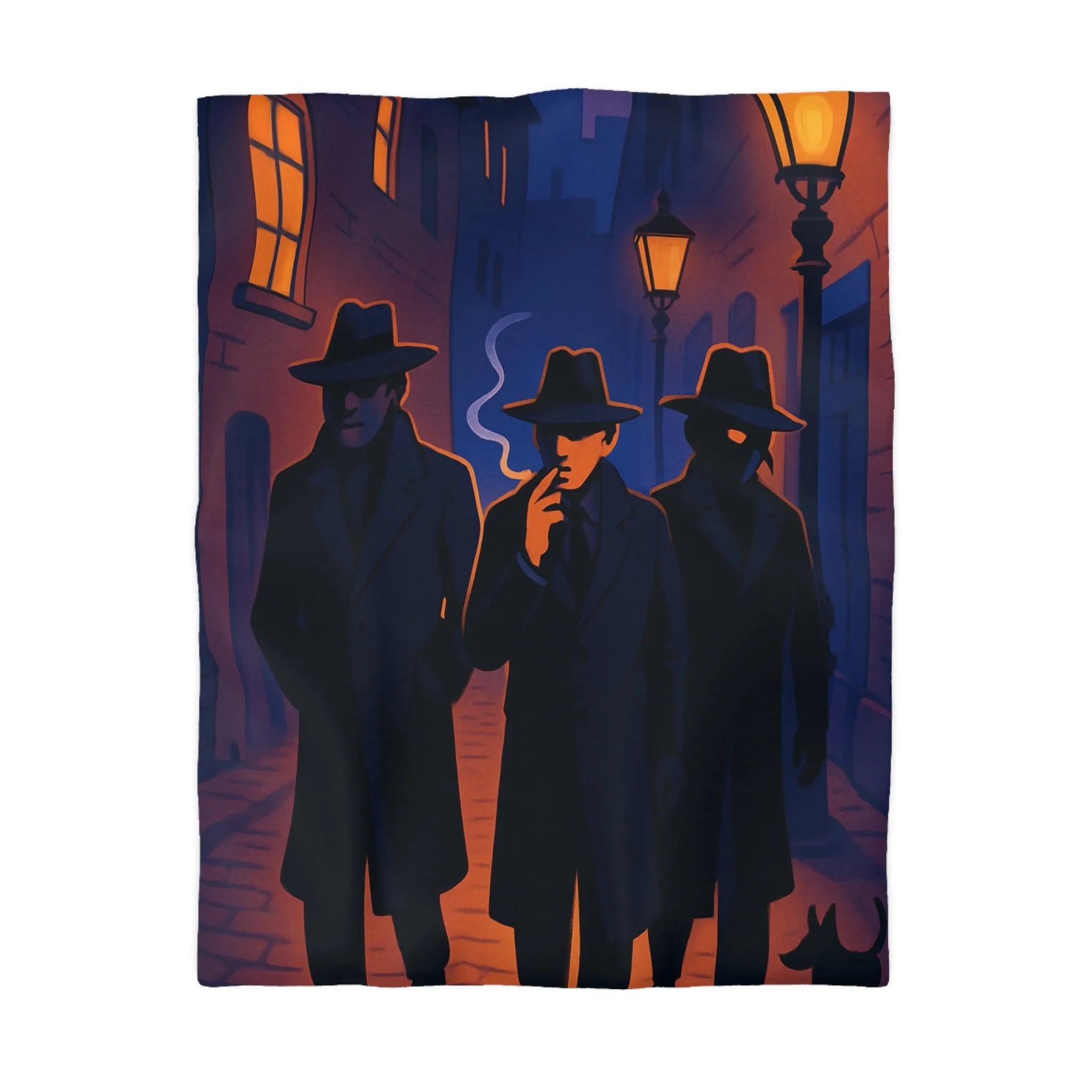 Housse de couette avec scène mystérieuse de détectives en ruelle éclairée par réverbères