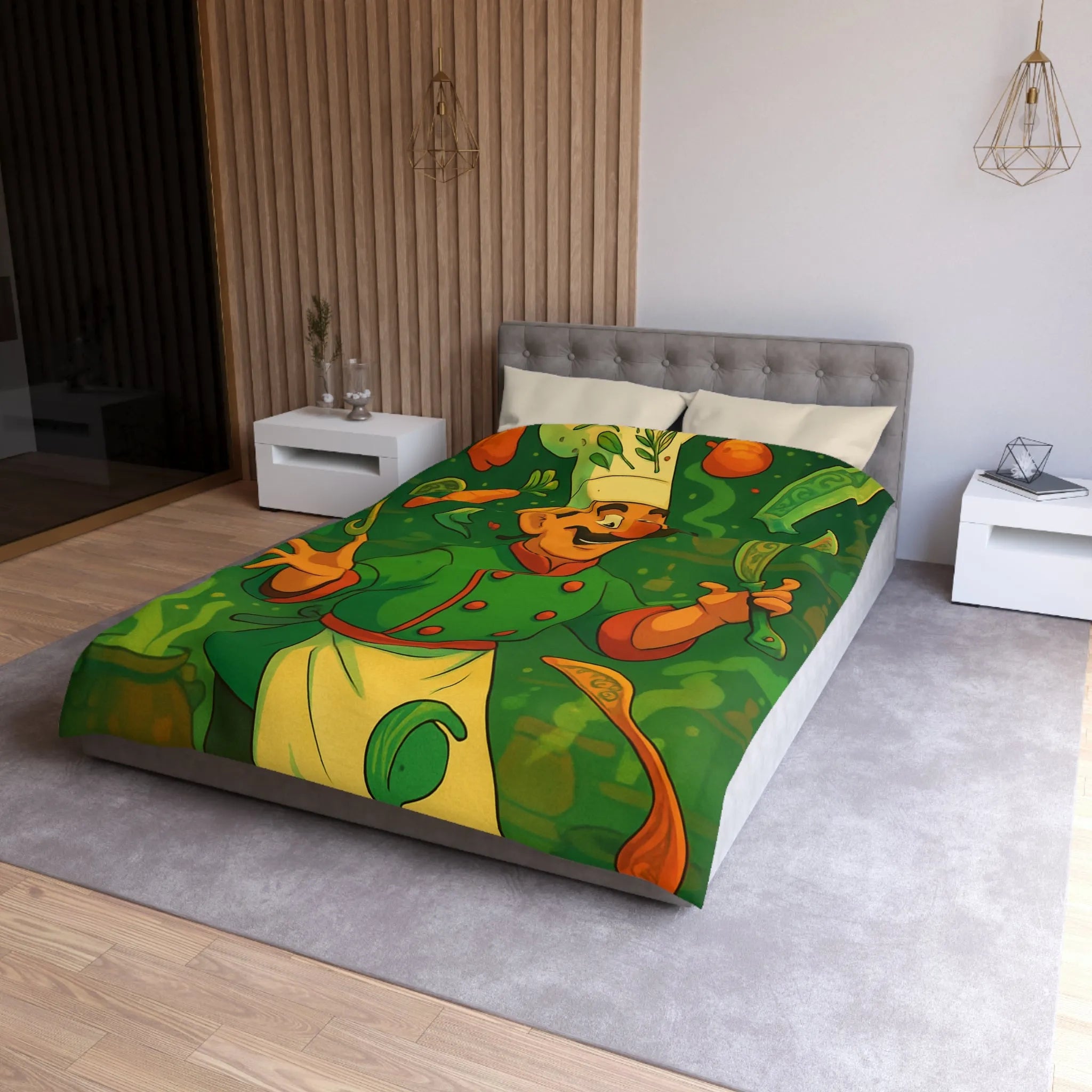 Housse De Couette Chef Cartoon Coloré Jonglant Avec Légumes Dans Cuisine Magique Verte