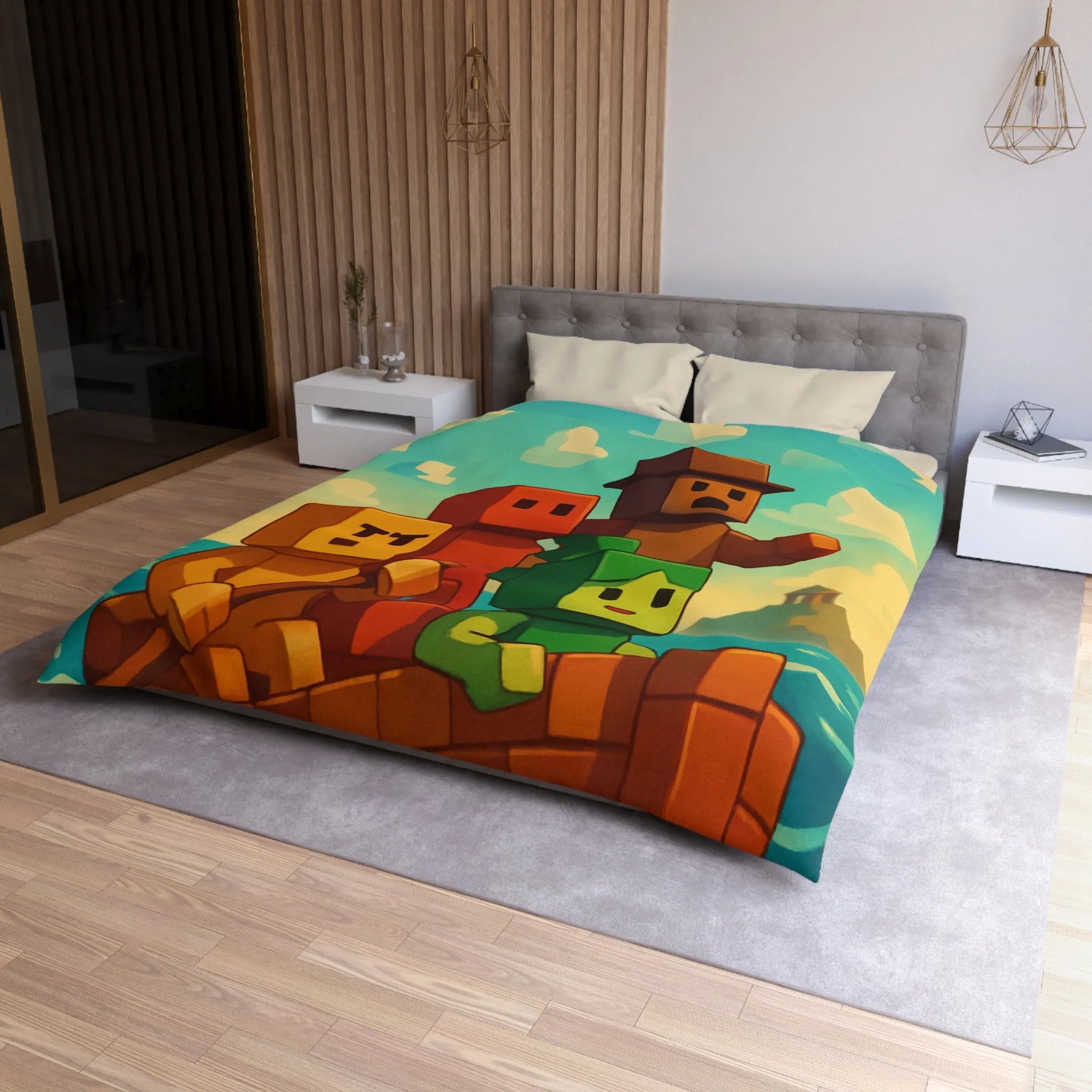 Housse de couette colorée avec personnages pixelisés sur un bateau en mer agité