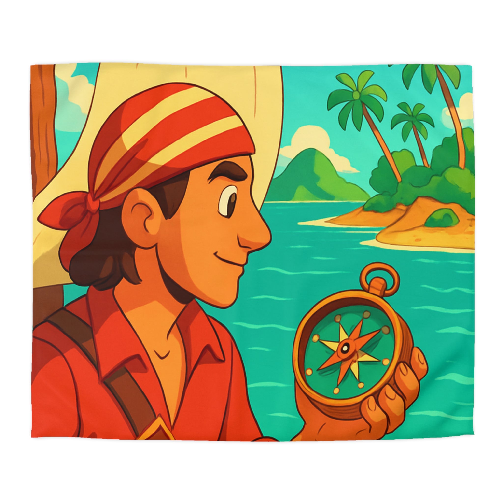 Housse de Couette Pirate Aventure avec Boussole et Trésor Île Ensoleillée