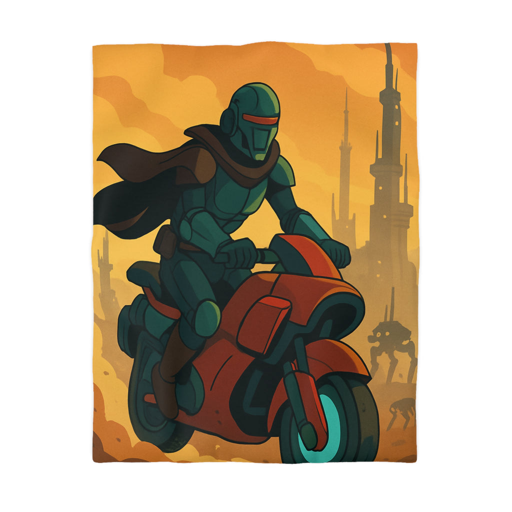 Housse de couette moto futuriste avec pilote en armure et paysage urbain orange