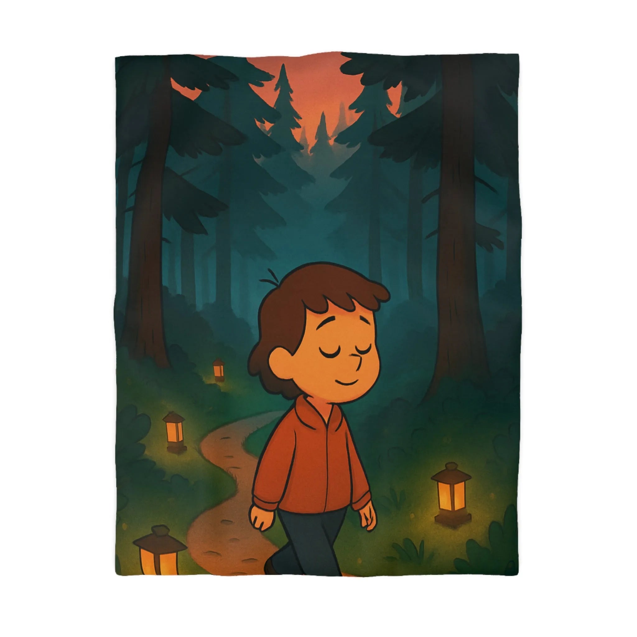 Housse de couette enfantine avec décor paisible de forêt au crépuscule pleine de lanternes
