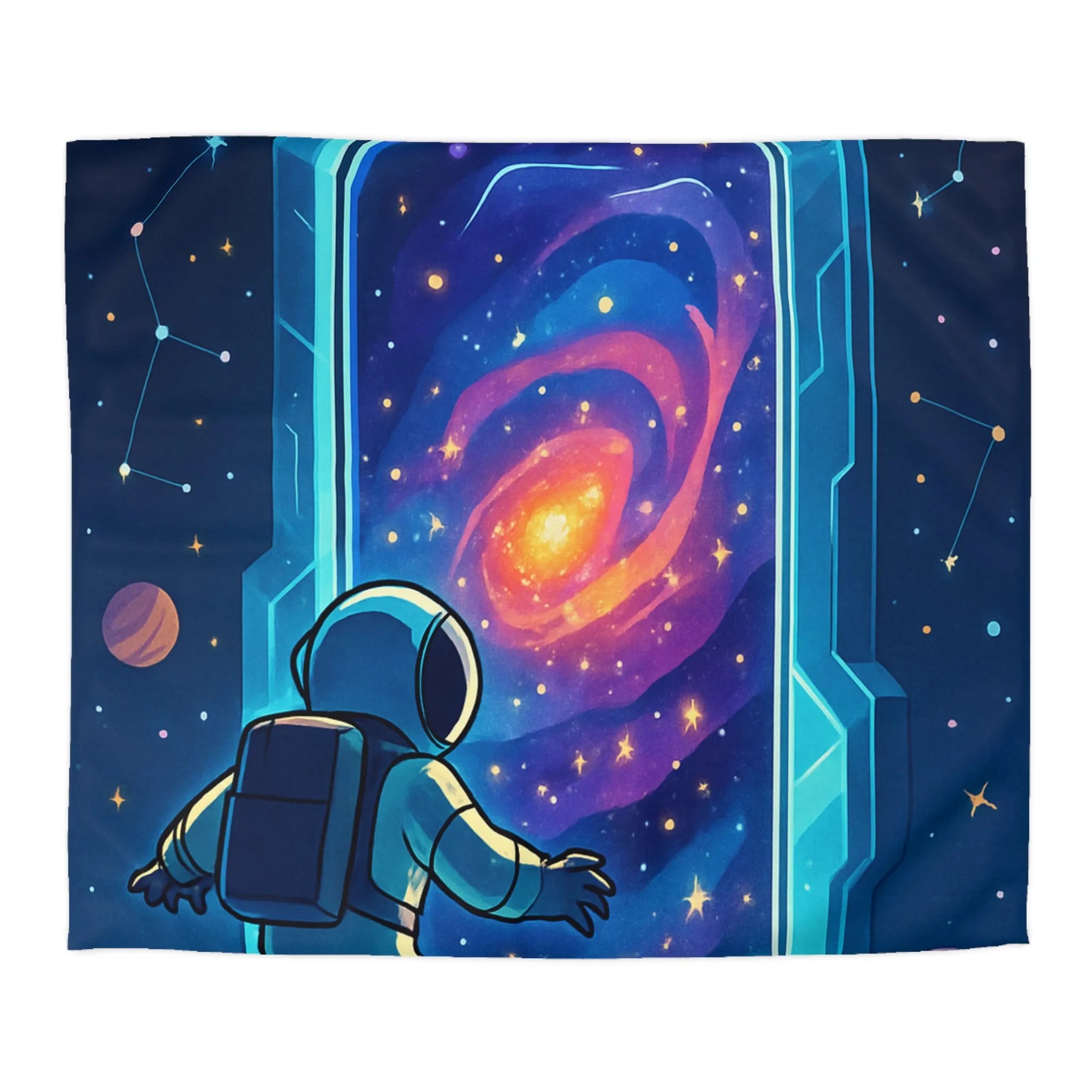 Housse de couette astronaute explorant portail galactique vibrant dans l'espace étoilé