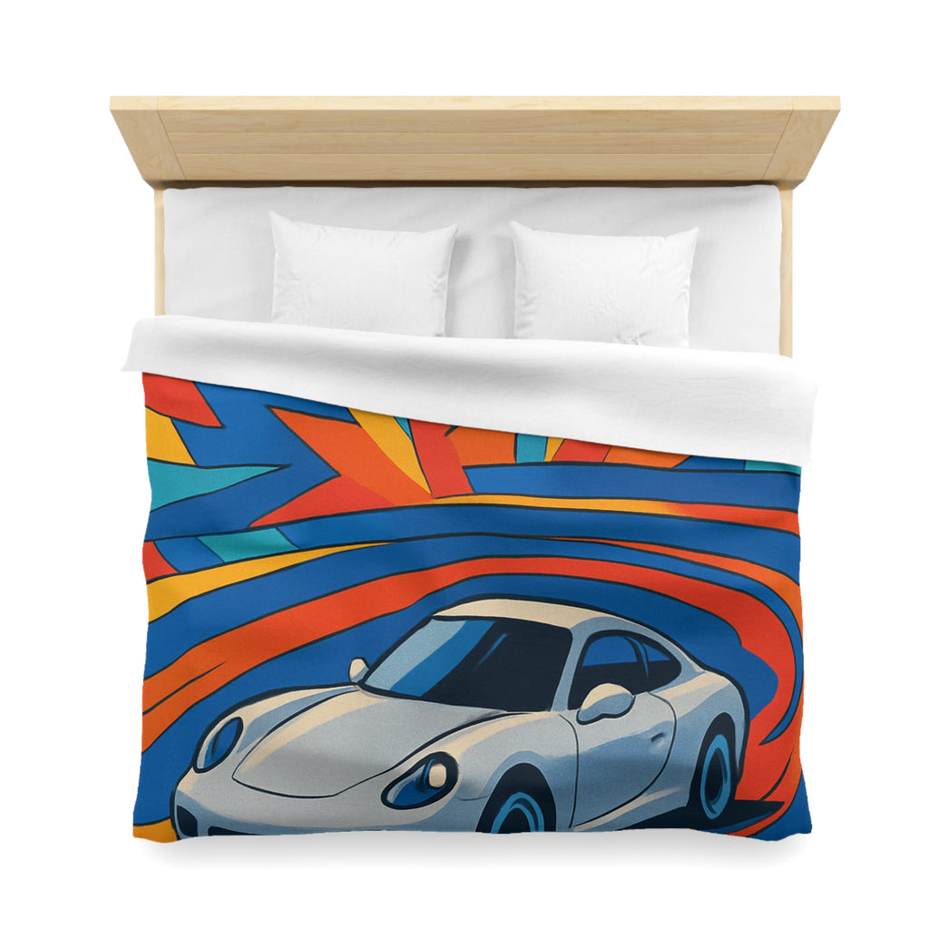 Housse de couette voiture sportive dynamique avec explosion de couleurs vives et éclatantes