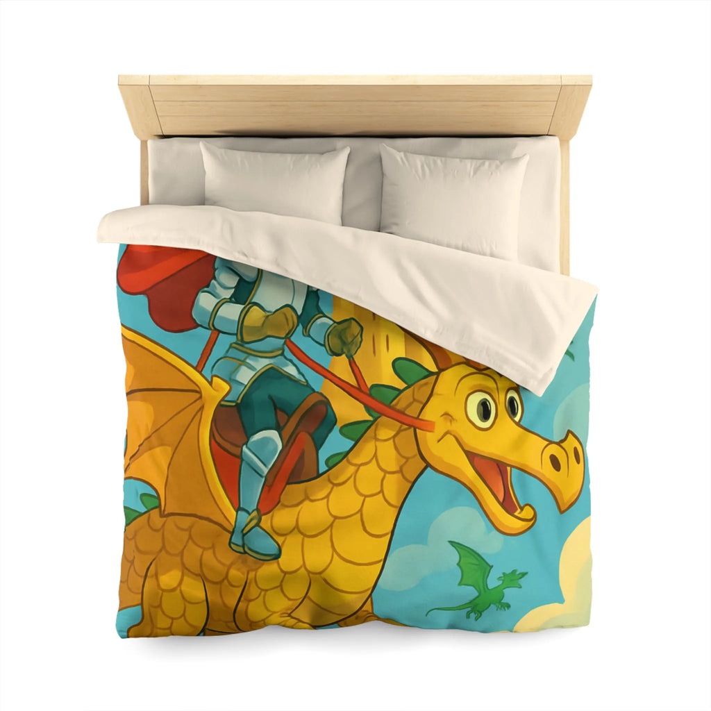 Housse de couette avec chevalier courageux chevauchant un dragon doré au-dessus château fantastique