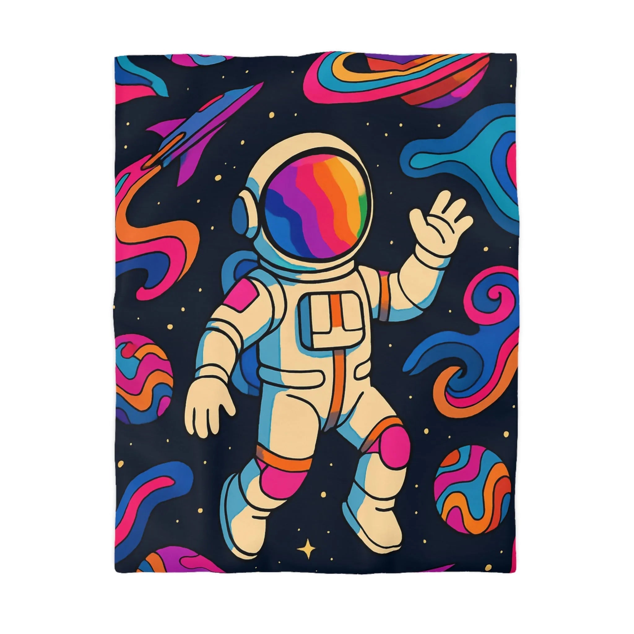 Housse de Couette Astronaute Psychédélique dans l’Espace avec Planètes Colorées et Fusées