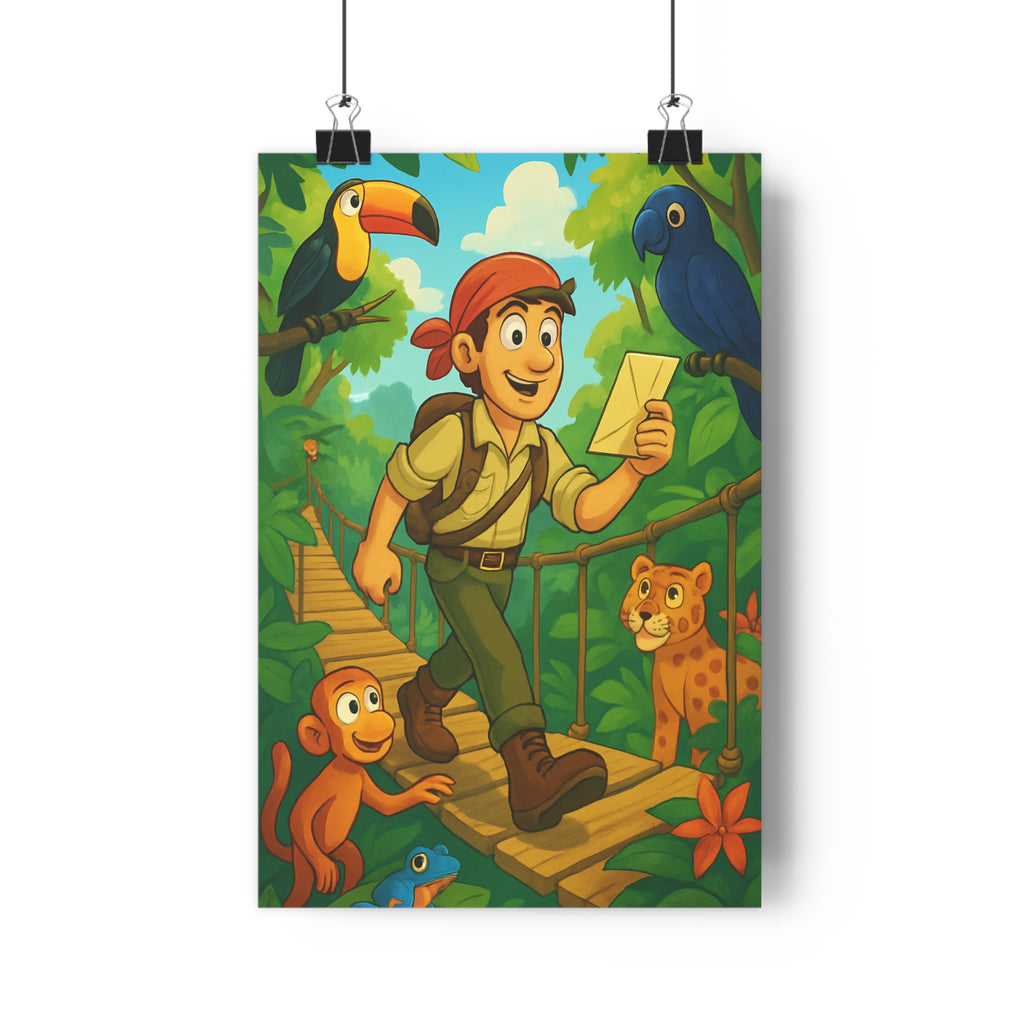 Poster décoratif coloré explorateur jungle cartoon aventure enfant chambre ludique vibrant exotique animaux joyeux