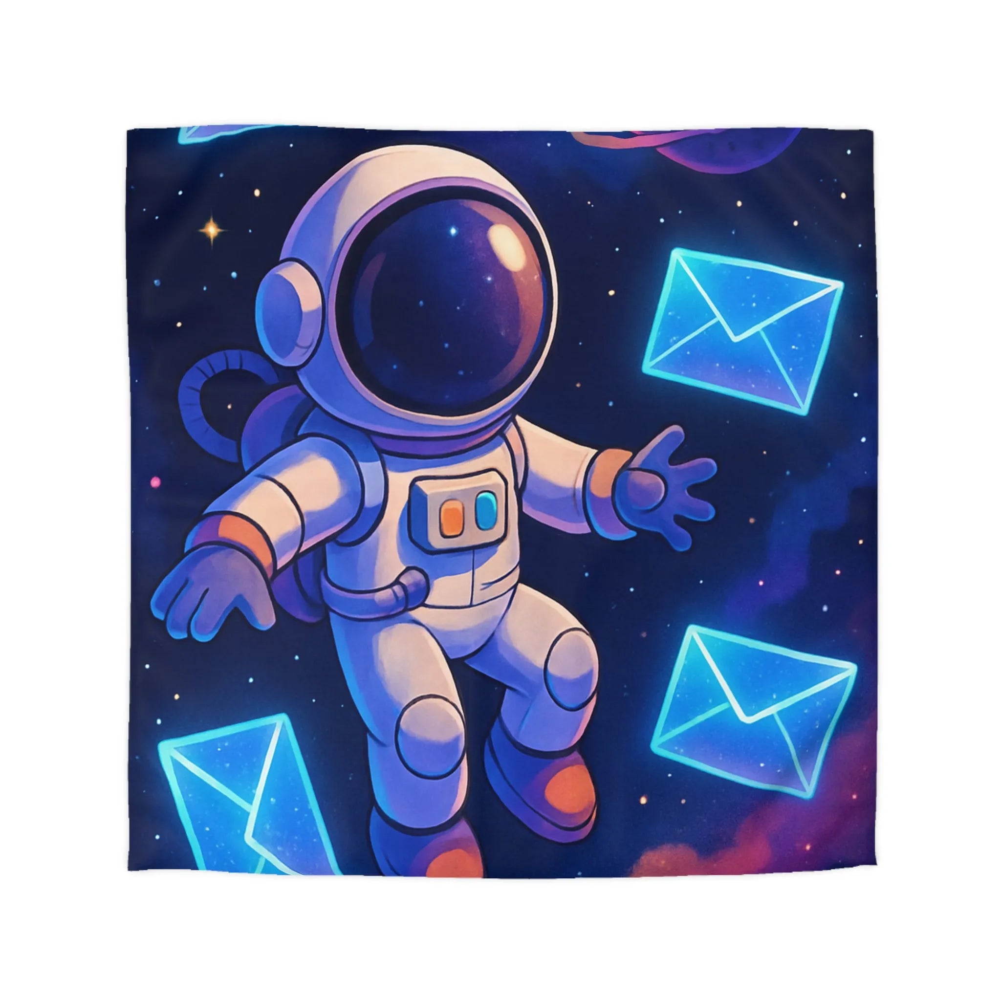 Housse de Couette Astronaute Flottant dans l'Espace avec Enveloppes et Planète Colorée