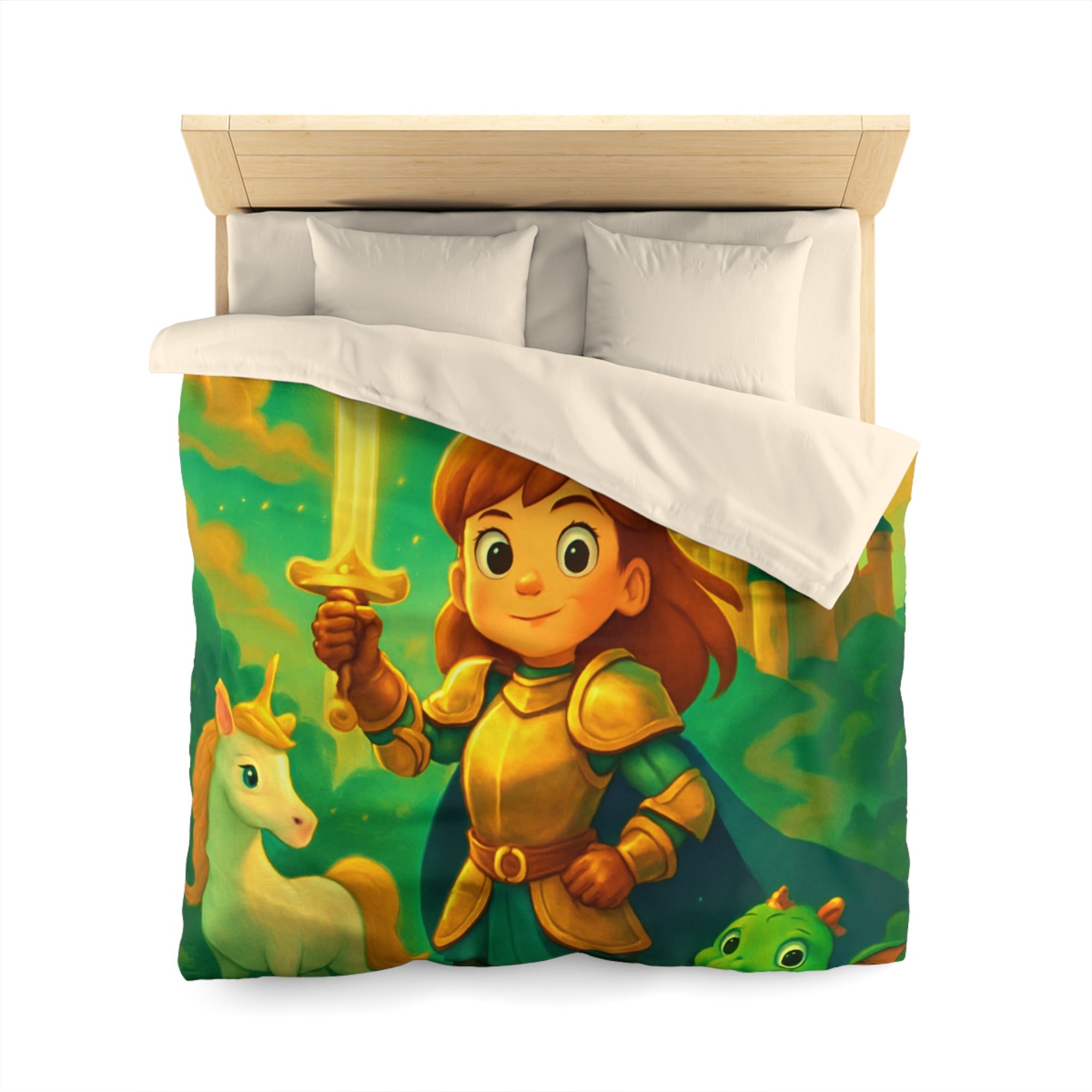 Housse de couette pour enfants avec chevalier, château et animaux fantastiques