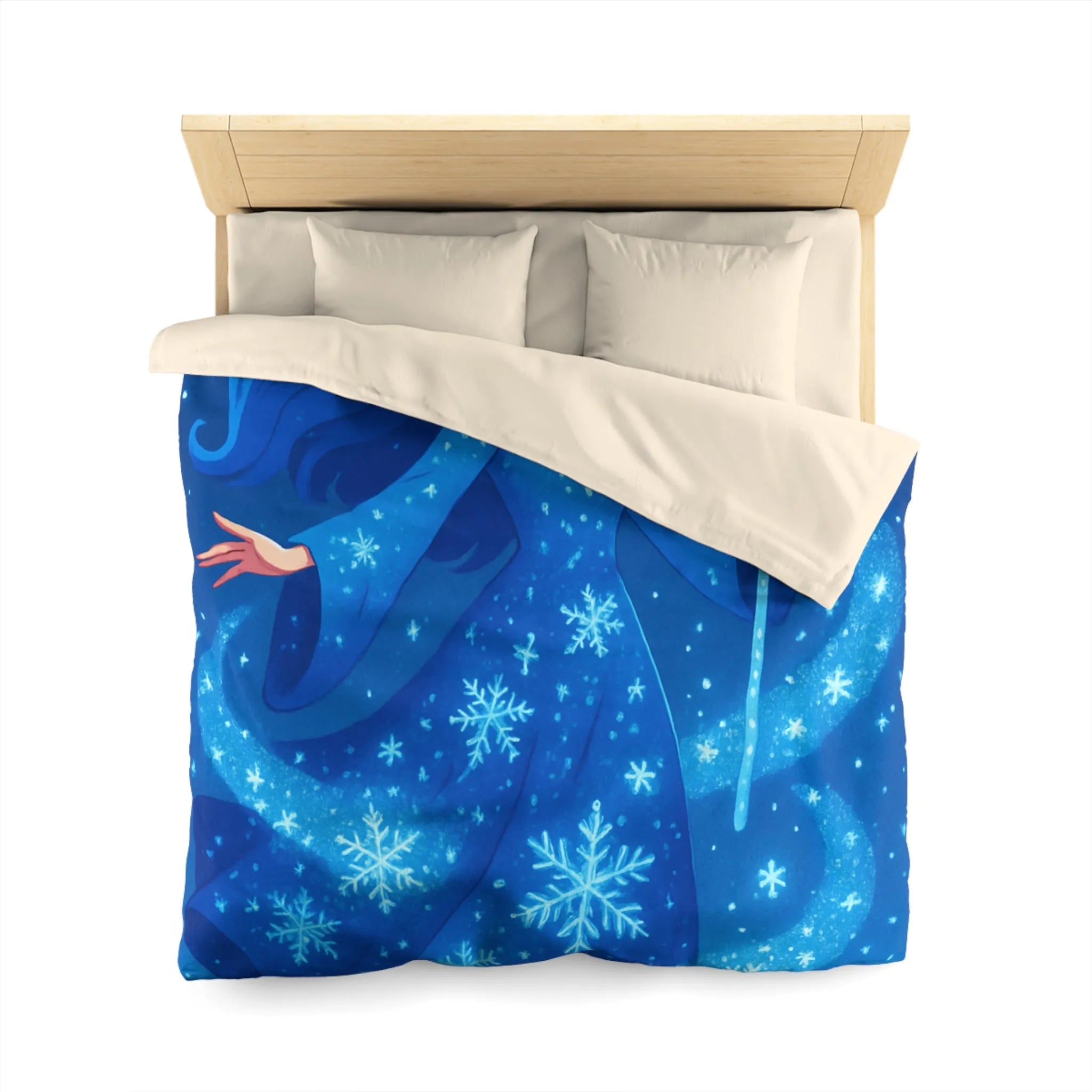 Housse de couette enfantine bleue avec fée magique dans ciel étoilé hivernal