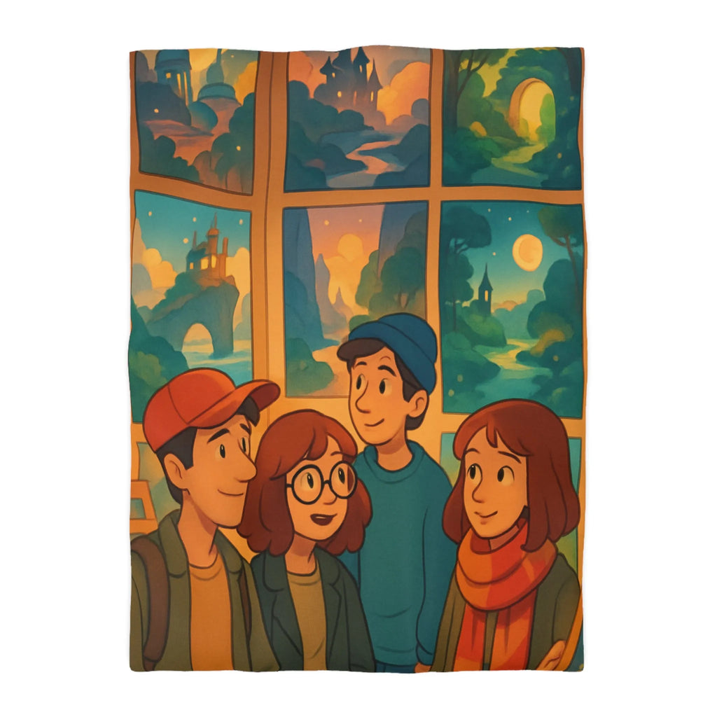 Housse de couette colorée avec paysages enchanteurs et personnages stylisés en exposition artistique