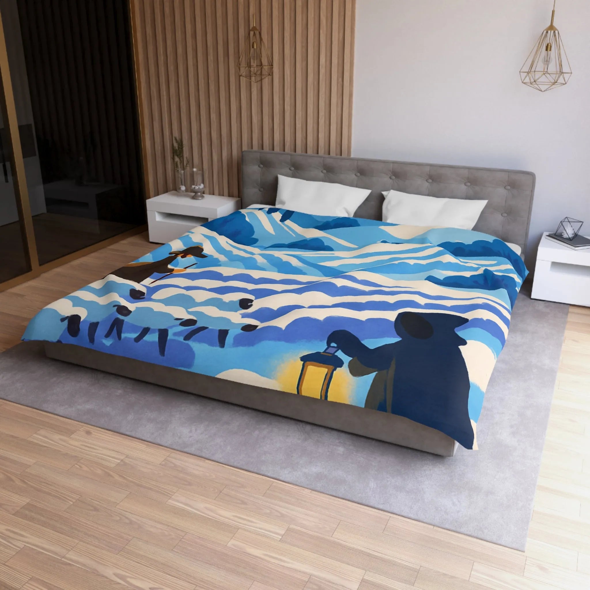 Housse de couette champêtre avec berger, moutons et moulin dans un paysage rêveur