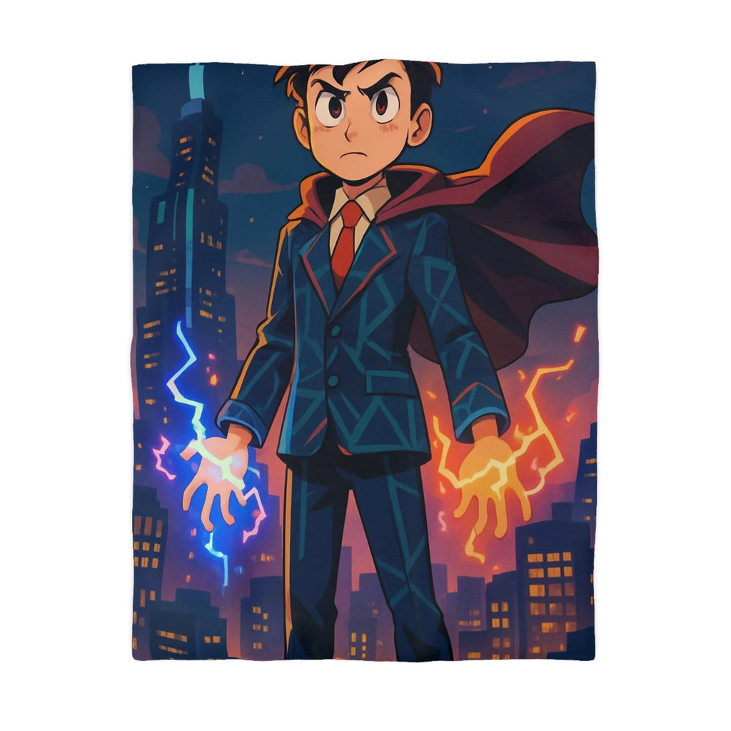 Housse de couette avec jeune magicien urbain; électricité magique, ambiance ville nocturne