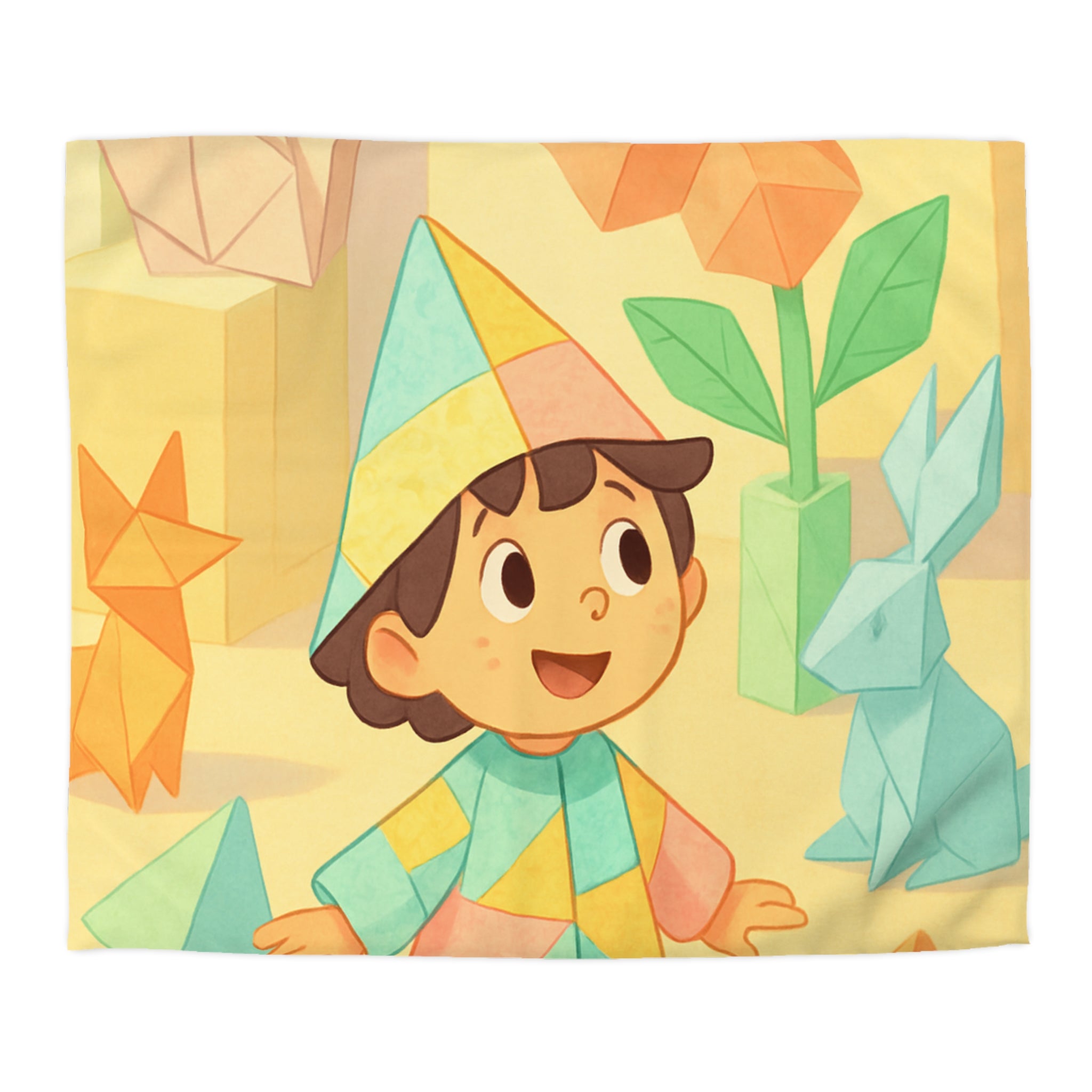 Housse de couette origami multicolore avec motifs enfantins de formes géométriques joyeuses