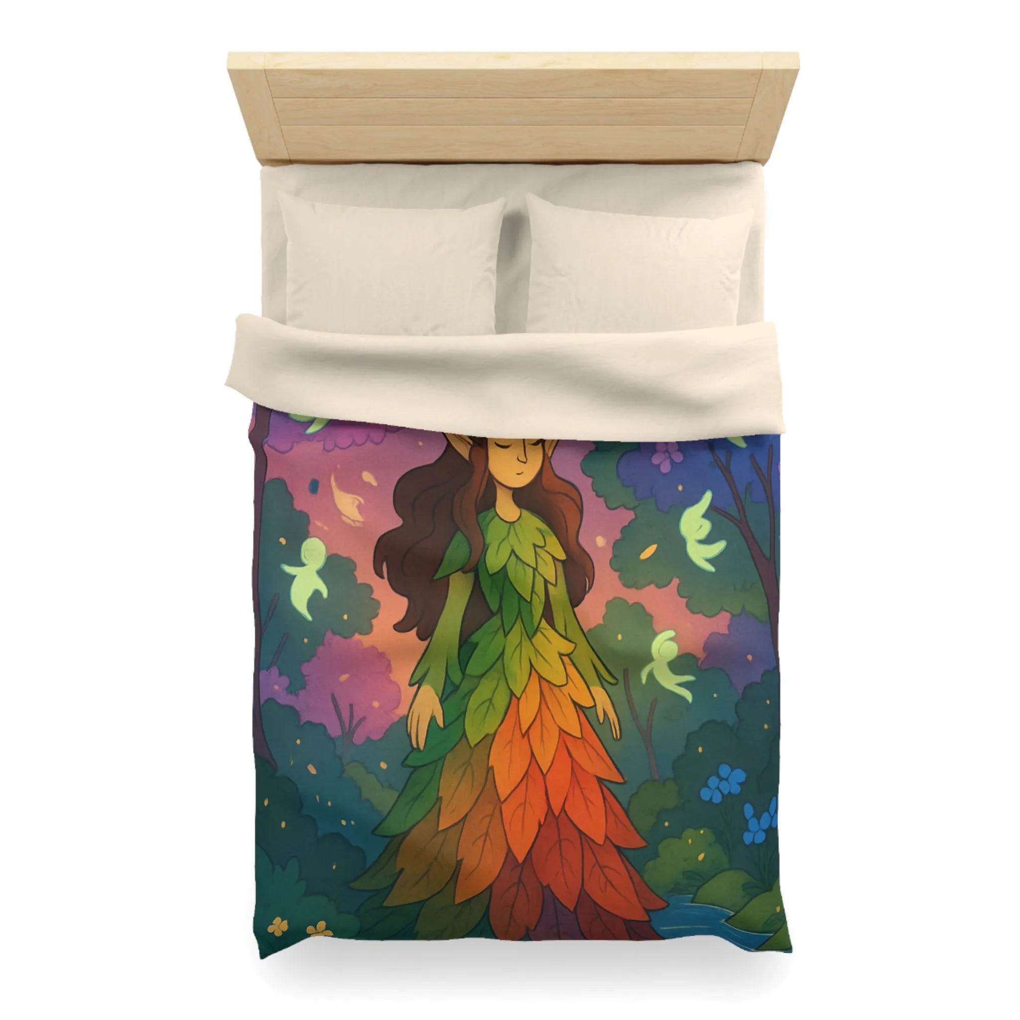 Housse de couette féerique forêt avec créatures lumineuses, design feuilles arc-en-ciel enchanteur